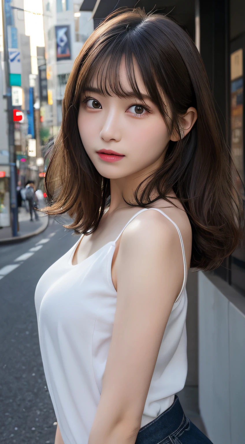 1girl in, Wearing a blouse, Raw photo, Best Quality, Realistic, Photorealsitic, masutepiece, extremely delicate and beautiful, Extremely detailed, 8k wallpaper, (Look at viewers), amazing, finely detail, ultra-detailliert, hight resolution, Soft light, Beautiful detailed girl, extremely detailed eye and face, beautiful detailed nose, Beautiful and detailed eyes, Cinematic lighting, city light at night,Perfect Anatomy, Slender body, Smiling, long, Wavy Hair