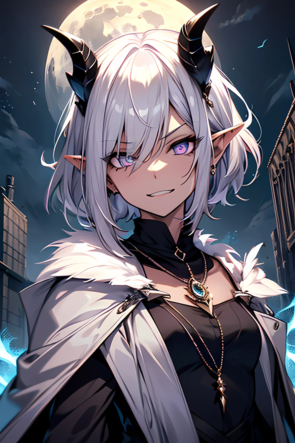 woman, Highly detailed, elf ears, very short hair, white hair, asymmetrical hair, wavy hair, ornate dress, pale lavender eyes, bright glowing eyes, fangs, dragon eyes, feathered hair, blue gem necklace, slender, angel wings, small-medium chest, dragon horns, masterpiece, under the moon, crazy, unhinged face, menacing face, evil laugh, eyes wide open, evil magic, grey cloak