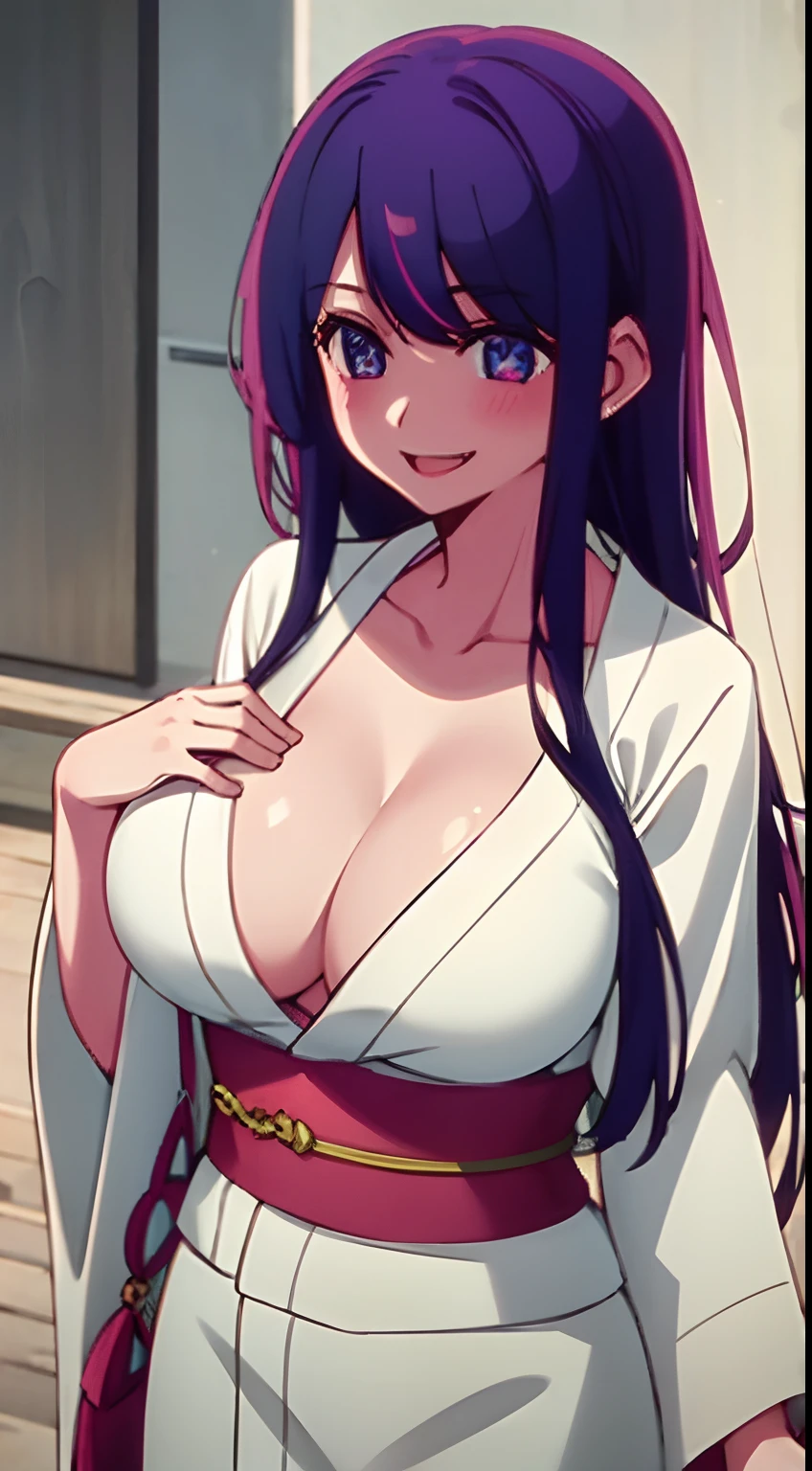 1 girl, long hair, big breasts, sexy body, smiling and blushing, wearing a kimono that shows cleavage