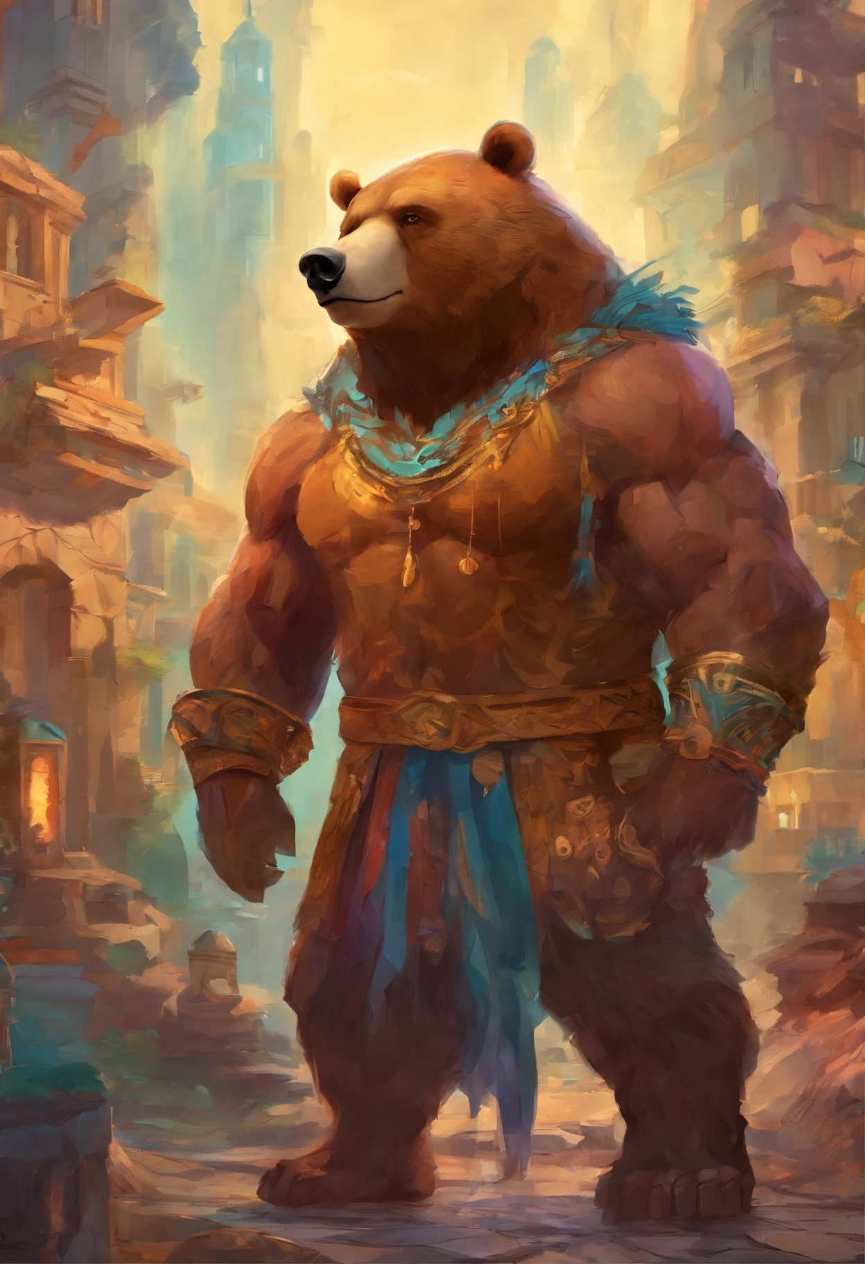 ((foto crua)), ((obra-prima)), Anthropomorphic humanoid bear wearing streetwear, andando furiosamente entre as pessoas, detalhe intrincado, intricate Greebles pieces, city behind, corpo musculoso, (large muscles), muscular arms, (small head), Ogro monstruoso, Titan soft lighting, Hiper realista, soft-lighting, Ambiente sinistro