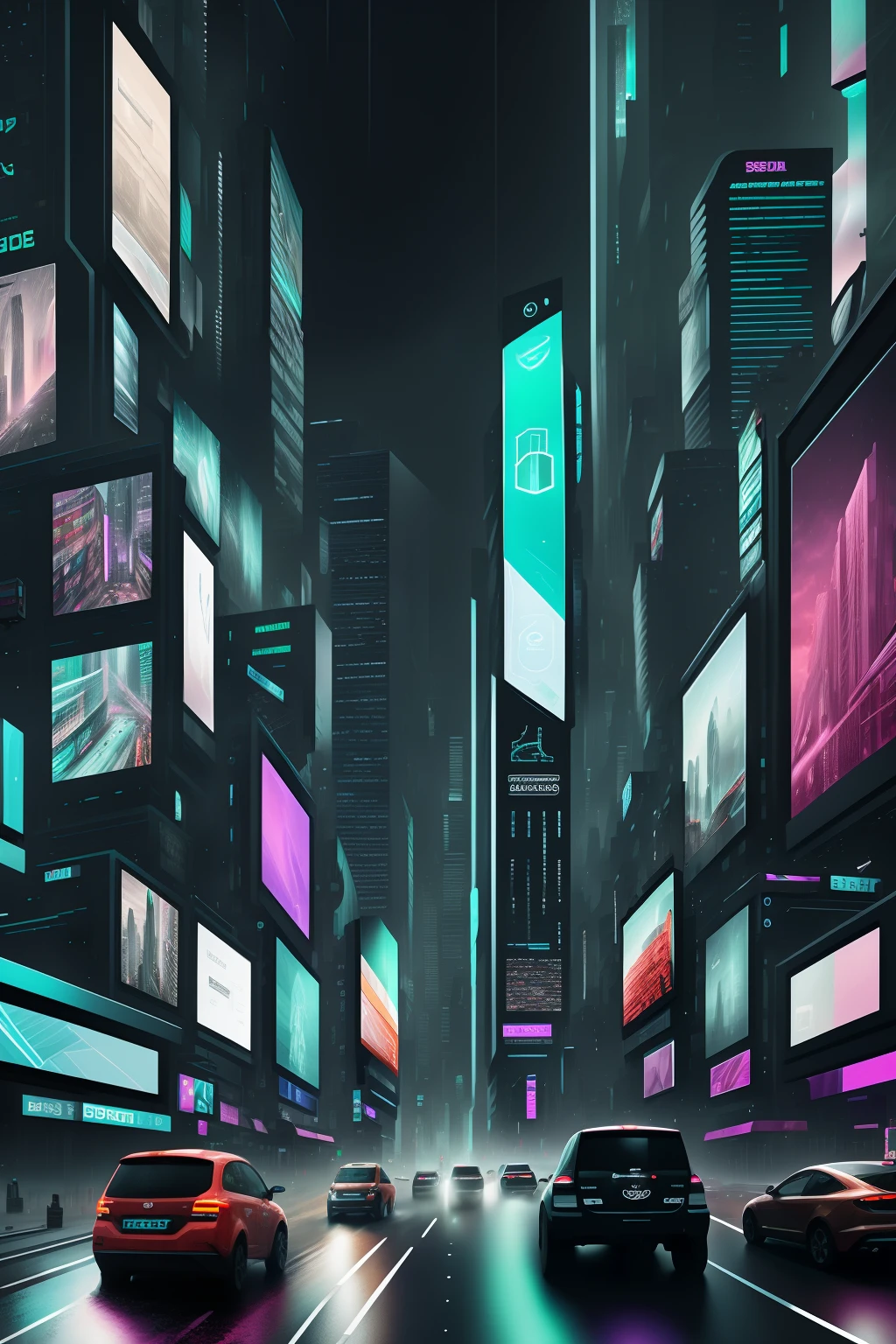 (a bustling cyberpunk city with skyscrapers) in the background, [futuristic] (neon-lit) billboards [overlooking] the streets. The billboards are [colossal in size] and feature [vibrant] (digital displays), [interchanging] between dazzling advertisements for [advanced technology], [luxury brands], and (holographic) [fashion models]. The city streets are [teeming with people] and [hovering vehicles], creating a sense of (constant motion) and [energy]. [Giant holograms] of corporate logos [illuminate] the cityscape, adding [a sense of corporate dominance], while [heavy rainfall] reflects the vibrant lights and gives the scene a [cyberpunk noir] atmosphere. The buildings are (covered in graffiti) and [gigantic video screens] project [dynamic animations] onto their surfaces. The advertisements and billboards [glow with a] (dystopian) mix of [fluorescent colors], casting an eerie [glow] on the surroundings. [Flying drones] and (cybernetic implants) are also [common sights], emphasizing the technological advancements of this futuristic world. The [dark alleyways] and [artificial intelligence-controlled] surveillance systems contribute to a [sense of mystery] and [intrigue]. (Best quality, 4K, high-res) the picture showcases the (realistic, photo-realistic) details [of every pixel] and [captures] the essence oritty, futuristic] cityscape.