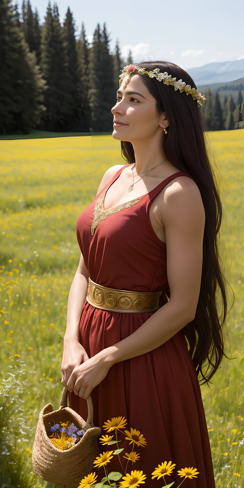 Gebe, the wife of Hercules, is standing in a meadow, picking flowers. She is happy and content, and she is enjoying the beauty of nature. She is thinking about her husband, who is away fighting in the Trojan War. She knows that he is a great warrior, and she is proud of him. She is also praying for his safe return.