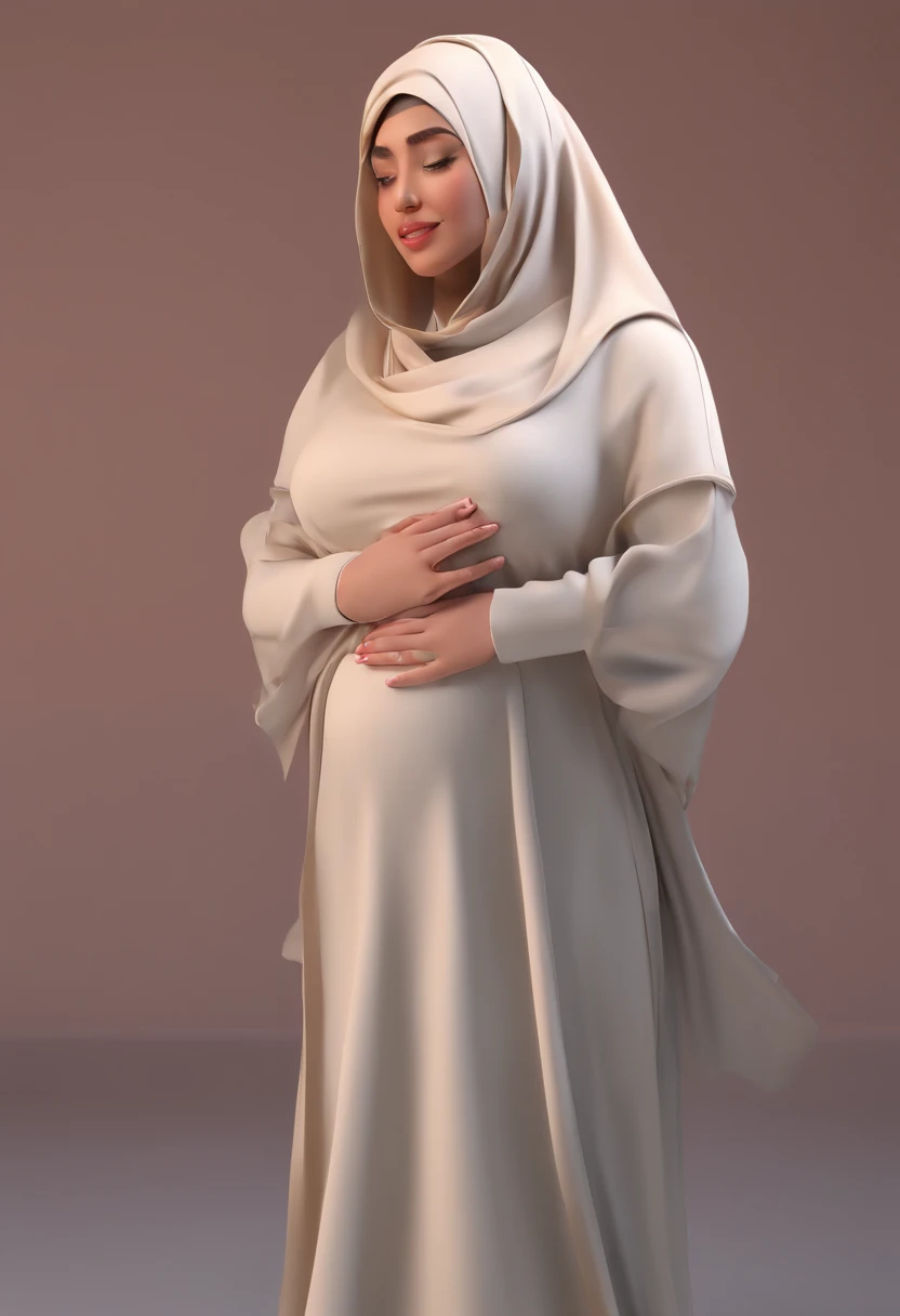 1 hijab girl, looking down at belly and screaming, pregnant, giving birth, labor pain, holding her pregnant stomach, wearing maternity suit