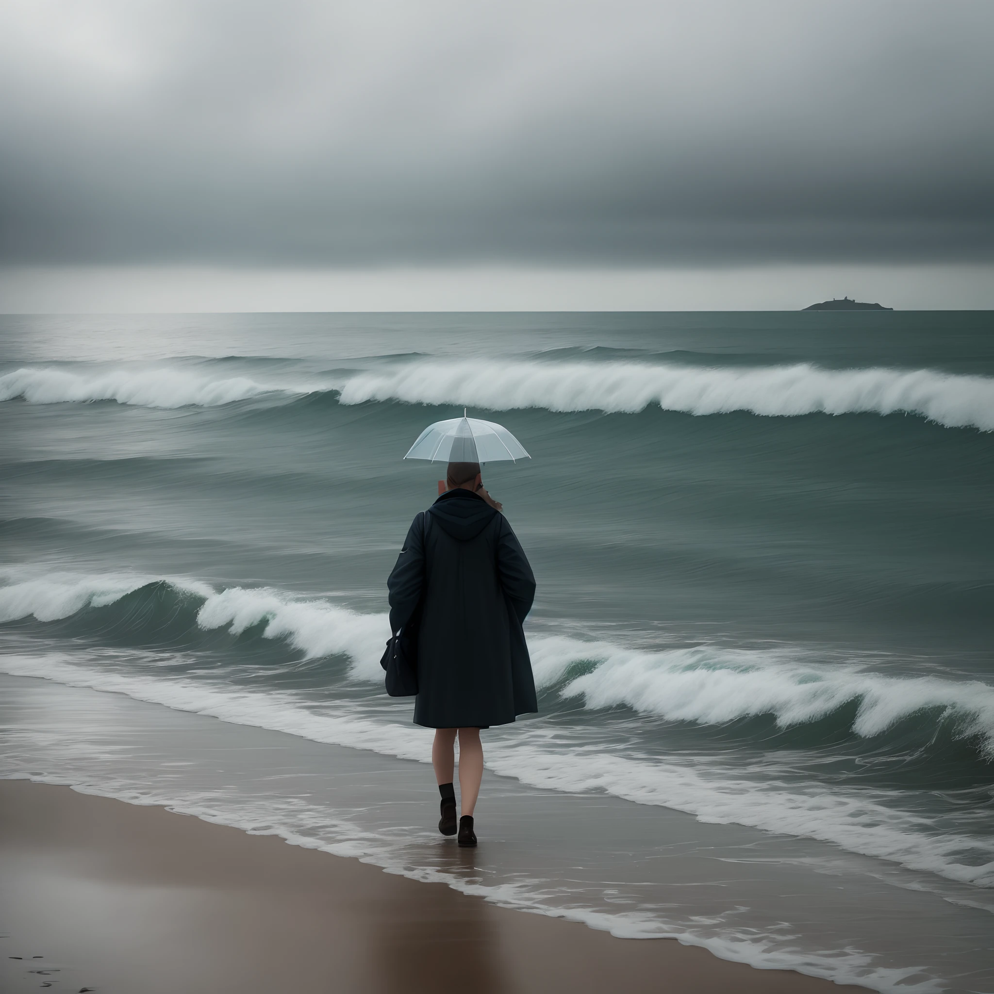 Walking by the sea on a rainy day