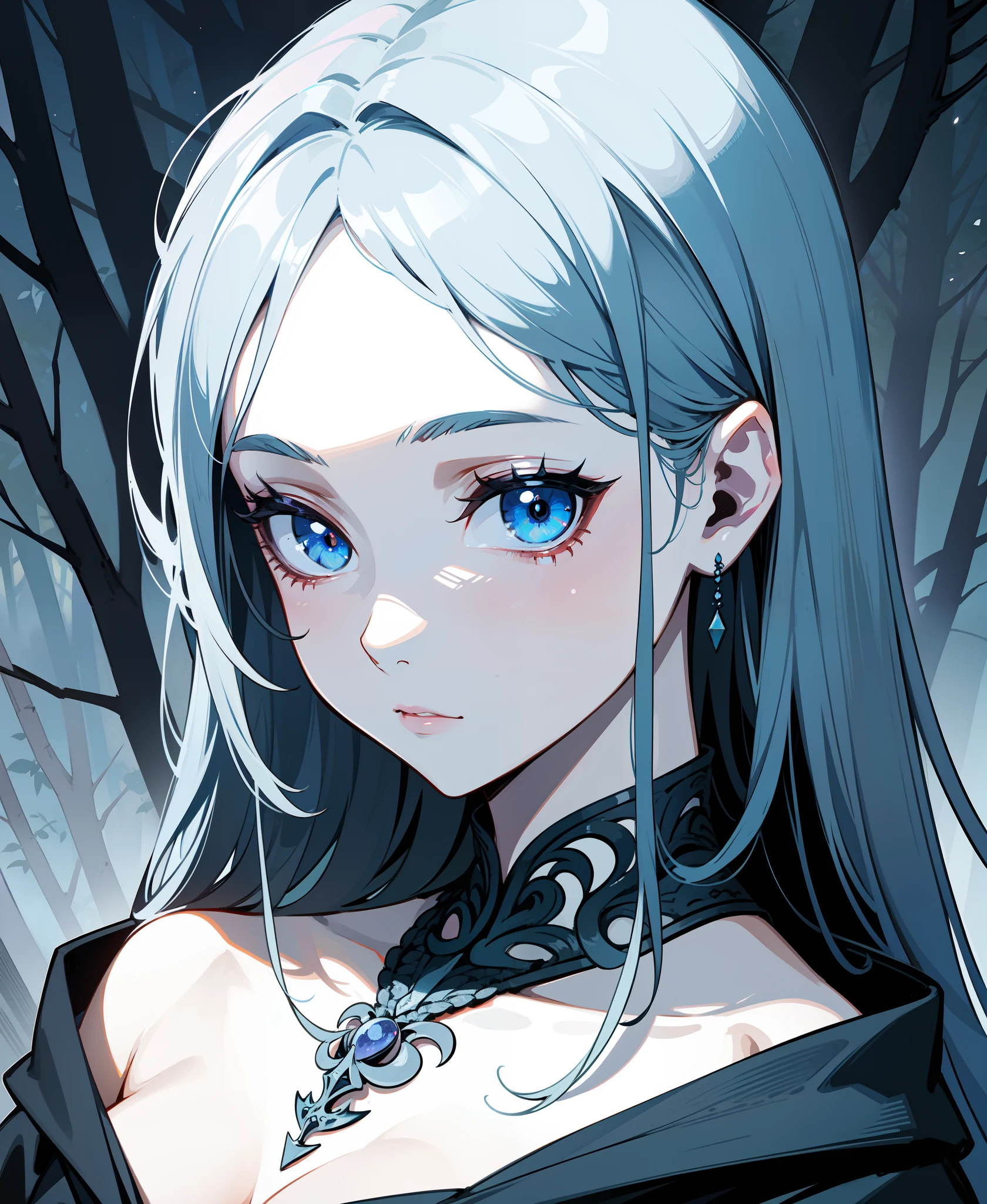 woman in a mythical forest, masterpiece, perfect face, intricate details, horror theme suoiresnu