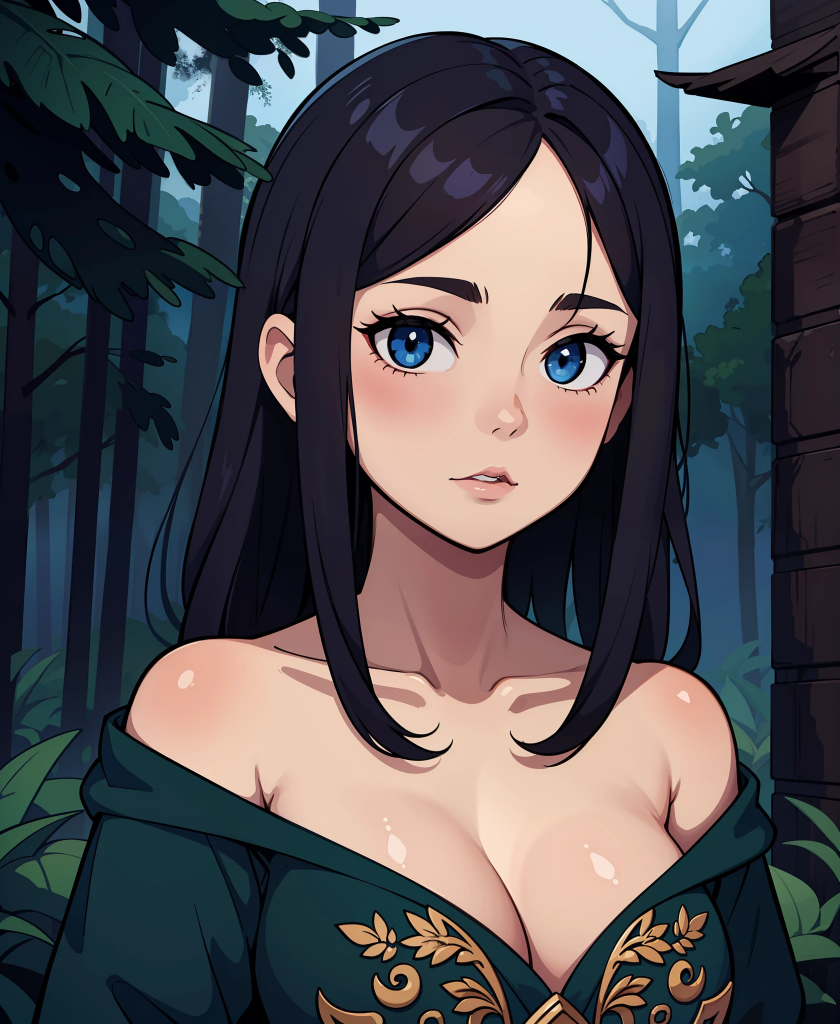 woman in a mythical forest, masterpiece, perfect face, intricate details, horror theme suoiresnu