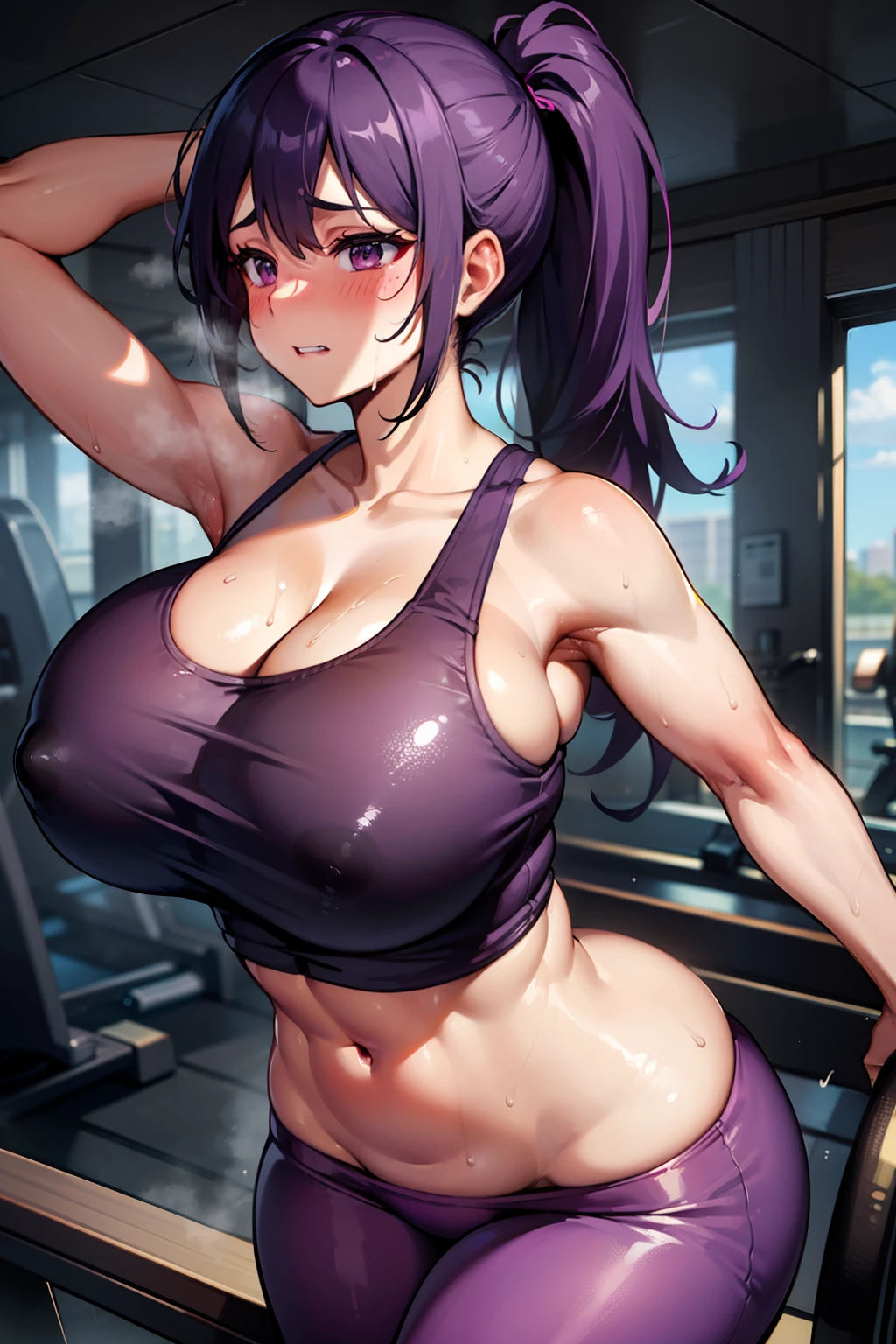 gym, workout, hot, sweating, sweaty, tan, big boobs, tan skin, flustered, blush, purple clothes, see thru, yoga pants, black hair, soaked, wet, naked boobs, cleavage, running, running on treadmill, treadmill, running, in pain, painfull, eyes open, curvy, purple yogapants, purple pants, ponytail, massive boobs, curvy, sexy, massive boobs