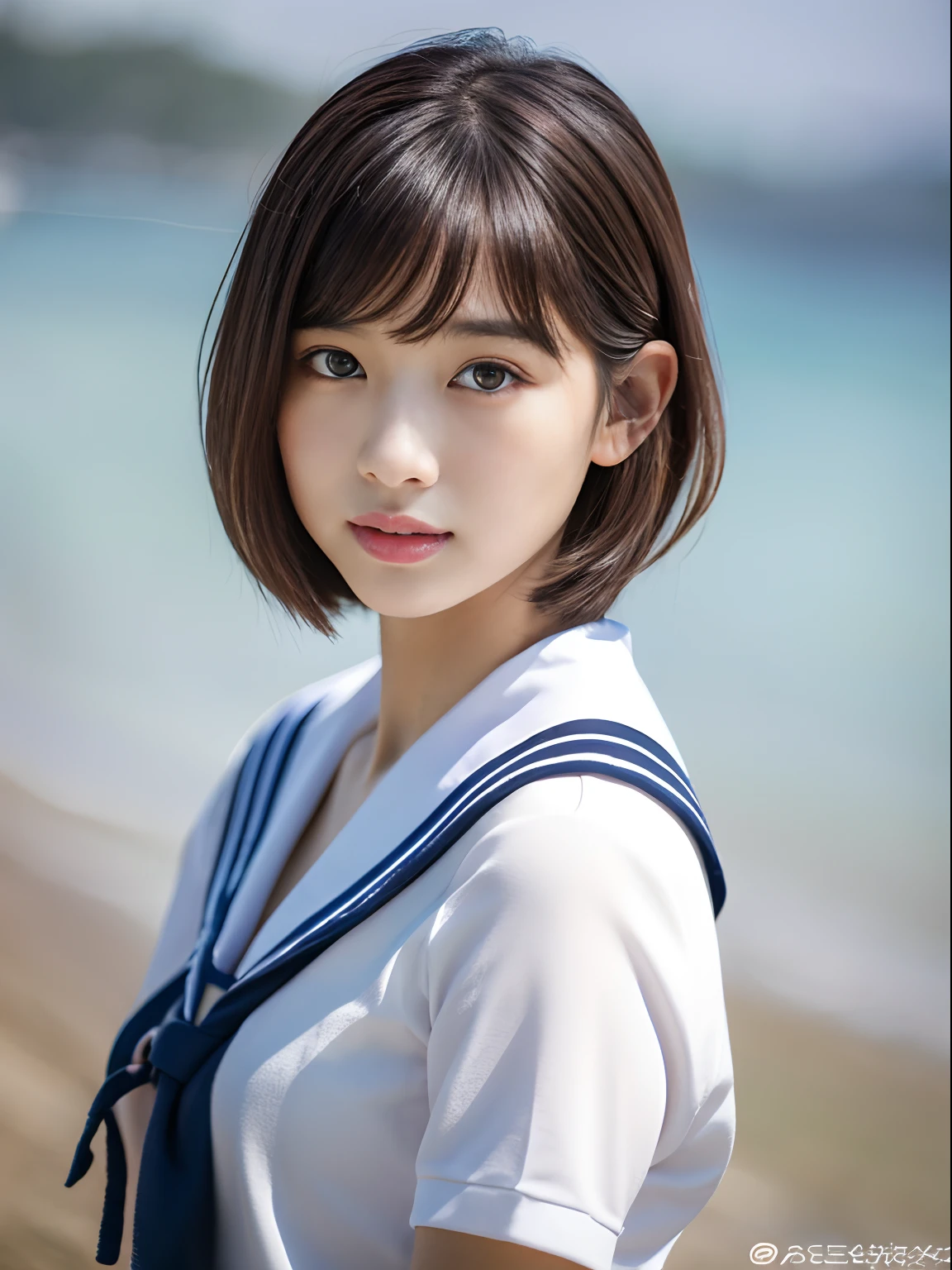 incomparably peerless beauty and unrivaled cuteness Japanese idol girl face, (Lifelike face), Slim curvy figure, Short hair, Realistic eyes, Beautiful eyes, (realskin), Beautiful skin, wedgie skin tight fitting japanese high school girl summer sailor Uniforms, BREAK, Nikon Z 85mm, BREAK, Nikon Z 85mm, (RAW photo, Masterpiece, UHD:1.5), (crisp focus:1.3), (photorealistic, Ultra detailed:1.4), Super live-action, natural soft light, profetional lighting, front-facing view full body shot.
