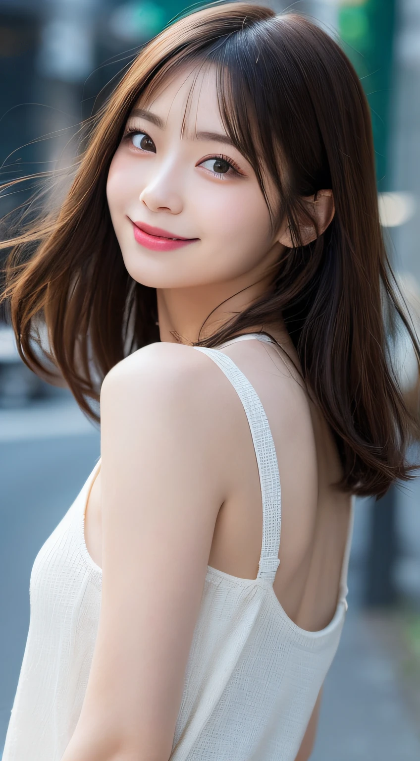 finely detail, hight resolution, hightquality、Perfect dynamic composition, Beautiful detailed eyes, Medium Hair, small tits、Natural Color Lip,Kamimei、Shibuya、20 years girl、1 persons、Transparent skin、Glowing hair、masutepiece, Best Quality, Illustration, Ultra-detailed, finely detail, hight resolution, 8K、The correct state of the human body、a smile、Gravure Model Pose,Hair soaring in the wind