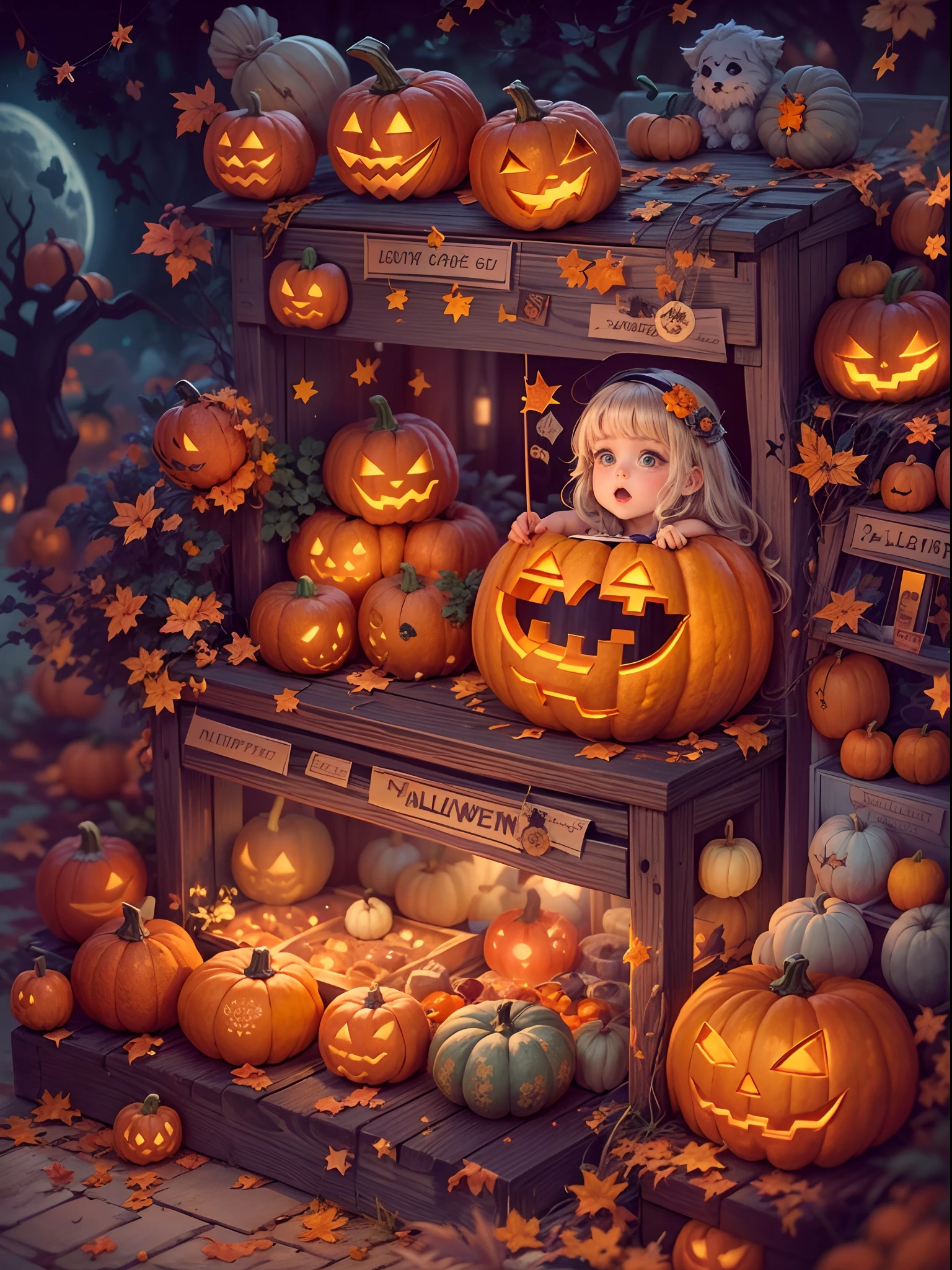 (tmasterpiece),（ultra - detailed：1.3），best qualtiy，（glittery:1.2），（Fantasy Halloween world:1.4），(Van Gogh-style Halloween: 1.5),（Remaining months），(((Delicious sweets，Cute girl wizard，Pumpkin monsters，mummy，super heroes, and other Halloween decorations))), Fantasy world, Cute cartoon design style, the night，Skysky，Zangetsu，vibrant with colors，brightly，1.4x realism，hyper HD，It is displayed in this beautiful scene，（The is very detailed，reasonable design，Clear lines，High- sharpness，tmasterpiece，offcial art，movie light effect，8K）, DruidMagicAI, m0nstrcrz