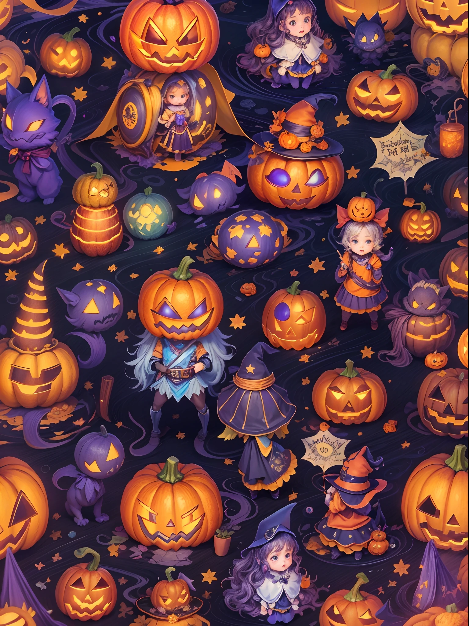 (tmasterpiece),（ultra - detailed：1.3），best qualtiy，（glittery:1.2），（Fantasy Halloween world:1.4），(Van Gogh-style Halloween: 1.5),（Remaining months），(((Delicious sweets，Cute girl wizard，Pumpkin monsters，mummy，super heroes, and other Halloween decorations))), Fantasy world, Cute cartoon design style, the night，Skysky，Zangetsu，vibrant with colors，brightly，1.4x realism，hyper HD，It is displayed in this beautiful scene，（The is very detailed，reasonable design，Clear lines，High- sharpness，tmasterpiece，offcial art，movie light effect，8K）, DruidMagicAI, m0nstrcrz