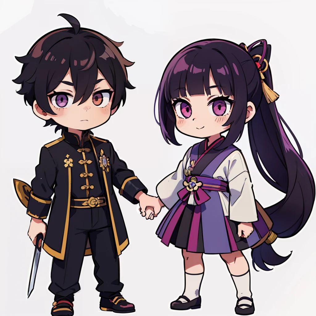 Draw 2 chibi couple, girl holding boy's arm and walking and happy in genshin impact style boy chibi with black hair and Messy Parted Light Bangs Korean Hairstyle and low faded sides. Girl hair in purple and long hair. Genshin impact clothes. Boy hair in black. Both chibi smiling. And both looking at each other. Boy and girl holding swords. Boy and girl wearing genshin impact clothes.