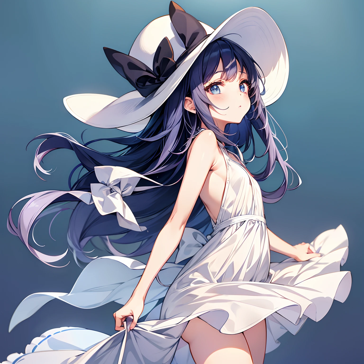 Wearing a white hat with a white ribbon,、Anime girl in dress, anime moe art style, ,Lori in a white one-piece dress, small curvy , Lori, (Anime Girl), Cute anime girl, masutepiece, Best Quality, Ultra-detailed, Illustration, Medium view, Beautiful detailed eyes, ((long view, Wide angle 1.31)), Girl with dark blue hair, Blue slip dress. Facing the front、8K、An ultra-high picture quality、beautiful hairl、Long hair、Beautiful details、simple background