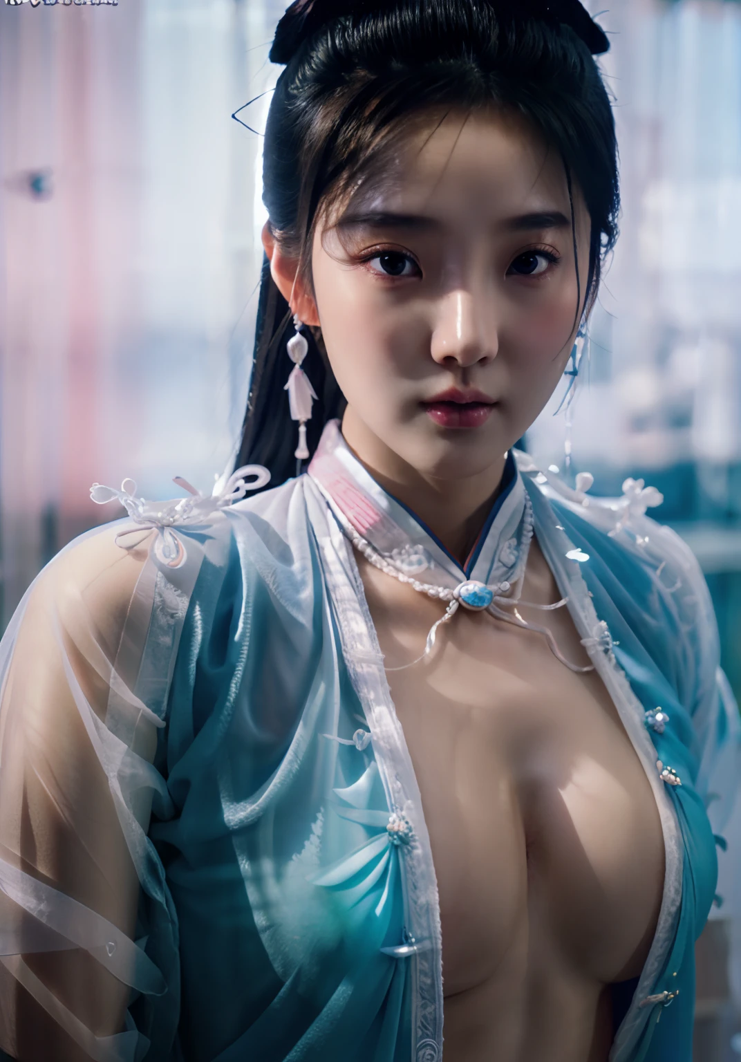 1girl, (white (very transparent Hanfu qipao)),(beauty breast)(erotic_), ((focuss closeup face)), pretty young (Russian) (Asian), (masterpiece), top Chinese model, (aphrodite goddess), detailed face:1.5, privium room, (8k HD graphic, (soft and chill light), best quality detailed ultra highres:1.2 dynamic lighting, artstation, winner photography, volumemetricslighting),