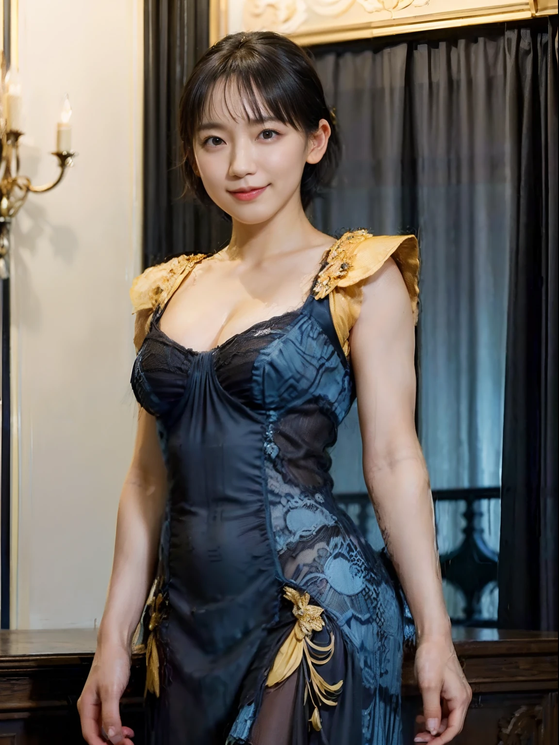 77
(20-year-old princess,is standing), (A hyper-realistic), (Masterpiece), ((short-hair:1.46)), (Smooth black hair), (breast:1.0), (kindly smile:0.9), (Luxurious dress in blue and yellow:1.46), Majestic palace, orange lipstick