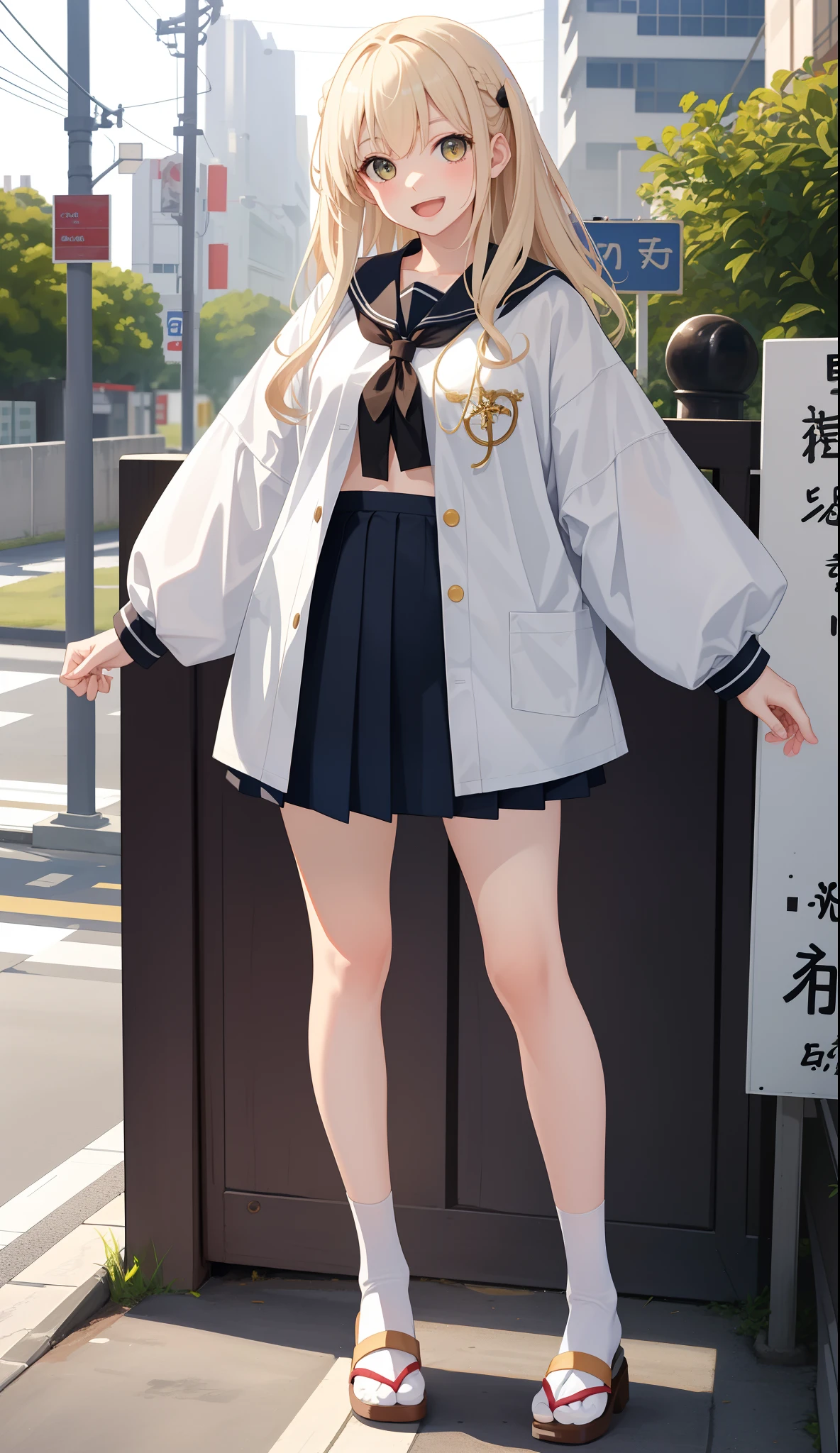 1girl in、AS-Adult、A smile、open open mouth、、be shy、The shirt、skirt by the、cream colored Hair、(small tits)Japan High School、校服、serafuku、Walking with a thigh、Upper body portrait、