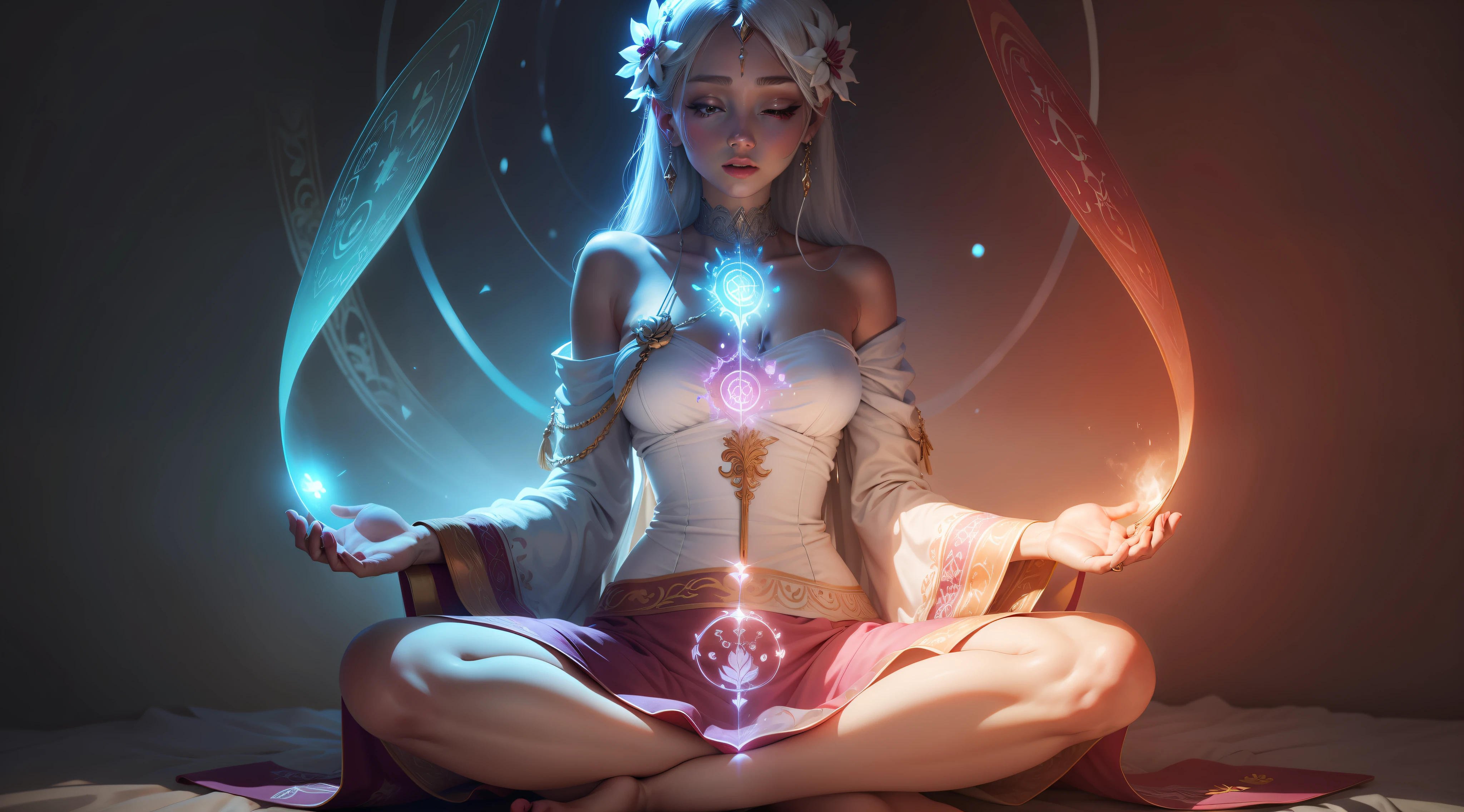 (goddess masterpiece, ultra photorealistic)) meditating with ecstatic express in lotus position cloaked in psychedelic aura), incorporate symbolic elements representing the 7 chakras, lotus flower with 108 petals, full view, real 5 fingers and 5 toes.