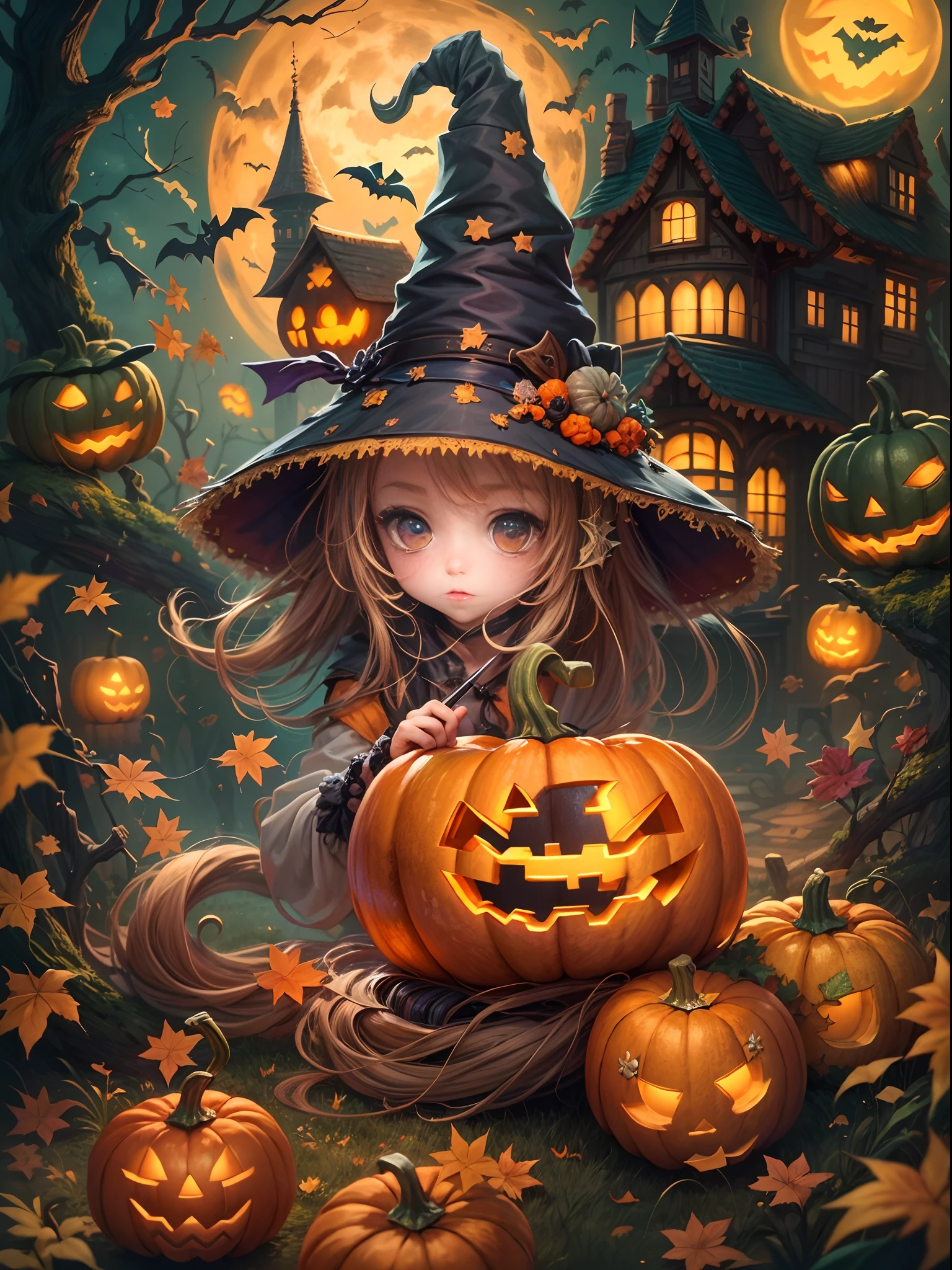 (tmasterpiece),（ultra - detailed：1.3），best qualtiy，（glittery:1.2），（Fantasy Halloween world:1.4），(Van Gogh-style Halloween: 1.5),（Remaining months），(((Delicious sweets，Cute girl wizard，Pumpkin monsters，mummy，super heroes, and other Halloween decorations))), Fantasy world, Cute cartoon design style, the night，Skysky，Zangetsu，vibrant with colors，brightly，1.4x realism，hyper HD，It is displayed in this beautiful scene，（The is very detailed，reasonable design，Clear lines，High- sharpness，tmasterpiece，offcial art，movie light effect，8K）, DruidMagicAI, m0nstrcrz