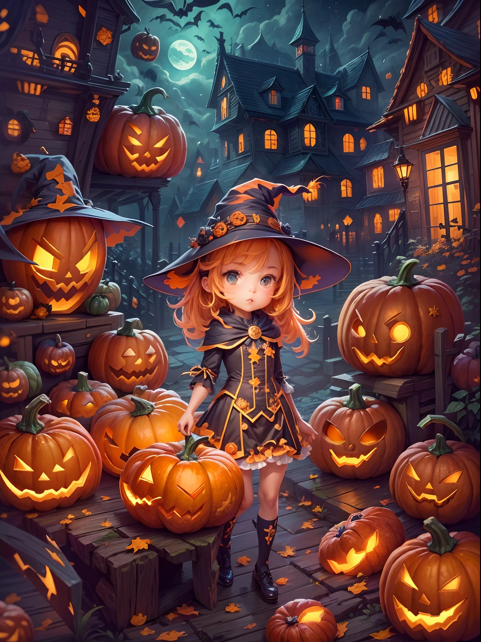 (tmasterpiece),（ultra - detailed：1.3），best qualtiy，（glittery:1.2），（Fantasy Halloween world:1.4），(Van Gogh-style Halloween: 1.5),（Remaining months），(((Delicious sweets，Cute girl wizard，Pumpkin monsters，mummy，super heroes, and other Halloween decorations))), Fantasy world, Cute cartoon design style, the night，Skysky，Zangetsu，vibrant with colors，brightly，1.4x realism，hyper HD，It is displayed in this beautiful scene，（The is very detailed，reasonable design，Clear lines，High- sharpness，tmasterpiece，offcial art，movie light effect，8K）, DruidMagicAI, m0nstrcrz