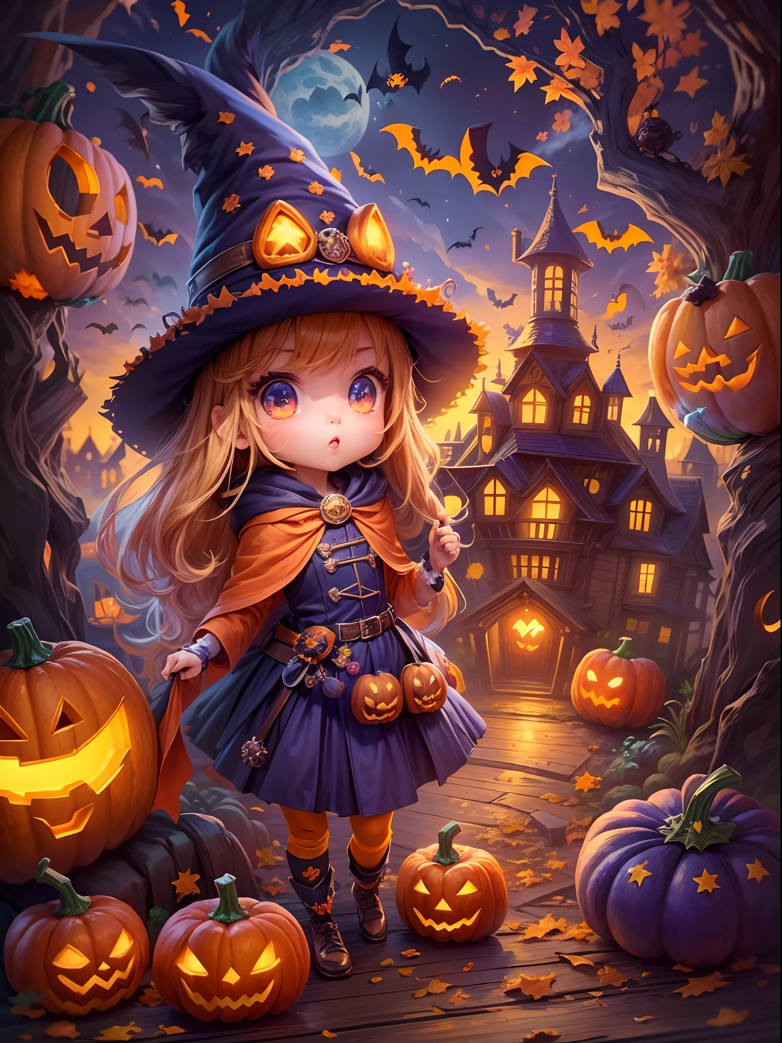 (tmasterpiece),（ultra - detailed：1.3），best qualtiy，（glittery:1.2），（Fantasy Halloween world:1.4），(Van Gogh-style Halloween: 1.5),（Remaining months），(((Delicious sweets，Cute girl wizard，Pumpkin monsters，mummy，super heroes, and other Halloween decorations))), Fantasy world, Cute cartoon design style, the night，Skysky，Zangetsu，vibrant with colors，brightly，1.4x realism，hyper HD，It is displayed in this beautiful scene，（The is very detailed，reasonable design，Clear lines，High- sharpness，tmasterpiece，offcial art，movie light effect，8K）, DruidMagicAI, m0nstrcrz