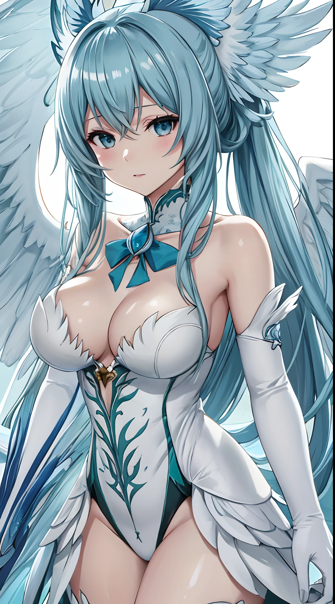 ((masutepiece, Best Quality)),Photography, Detailed skin, Realistic, Photorealsitic, 8K, Highly detailed, full length frame, High Detail RAW Color Art, diffused soft lighting, Shallow depth of field, Sharp Focus, 
Edge Garuda_Dress, White and Blue Bird_Woman with spread wings ,Light blue long hair、Twin-tailed、Wearing Edge Garuda_Dress