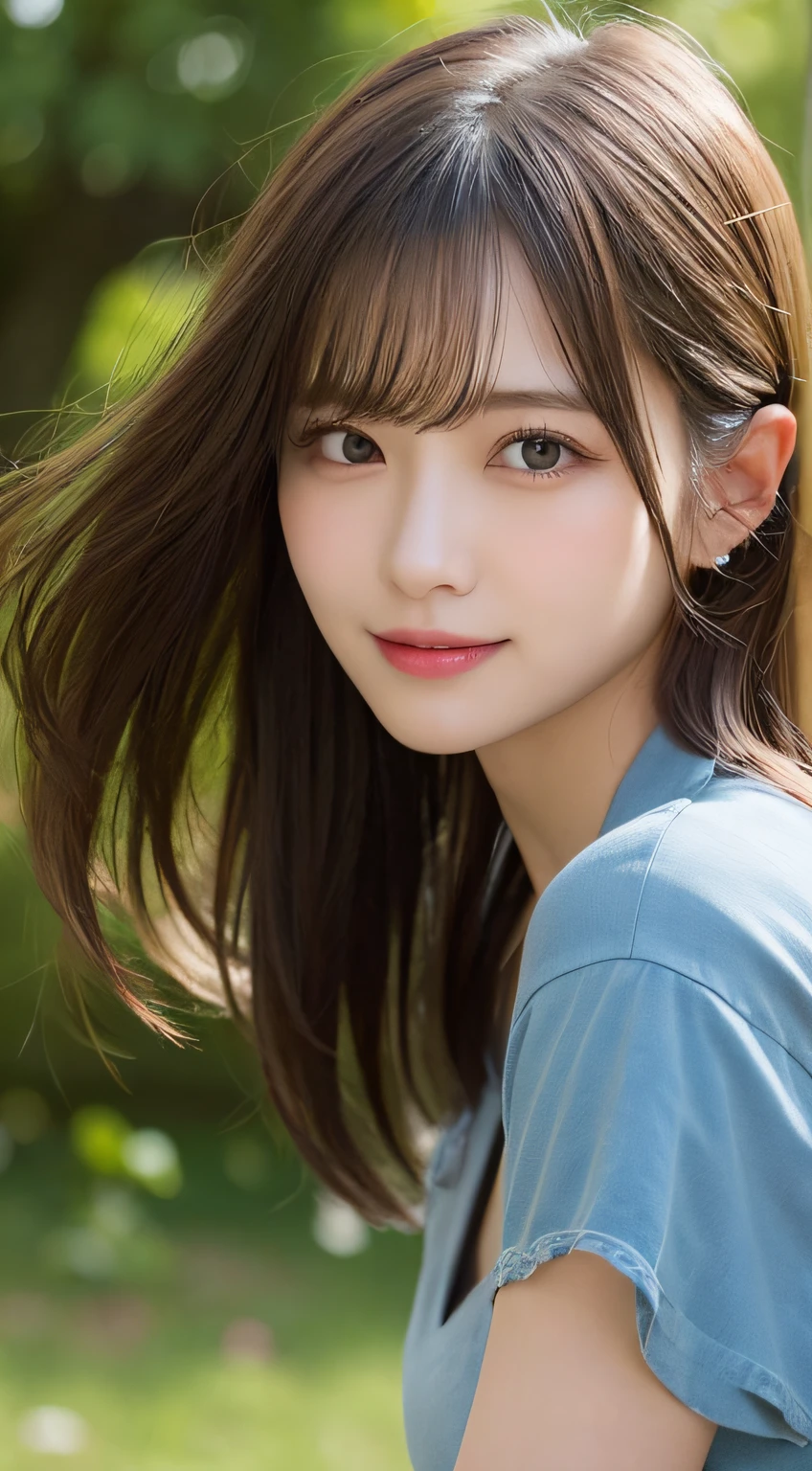 finely detail, hight resolution, hightquality、Perfect dynamic composition, Beautiful detailed eyes, Medium Hair, small tits、Natural Color Lip,Kamimei、Shibuya、20 years girl、1 persons、Transparent skin、Glowing hair、a smile、masutepiece, Best Quality, Illustration, Ultra-detailed, finely detail, hight resolution, 8K、The correct state of the human body、crouching down、Gravure Model Pose，Hair soaring in the wind