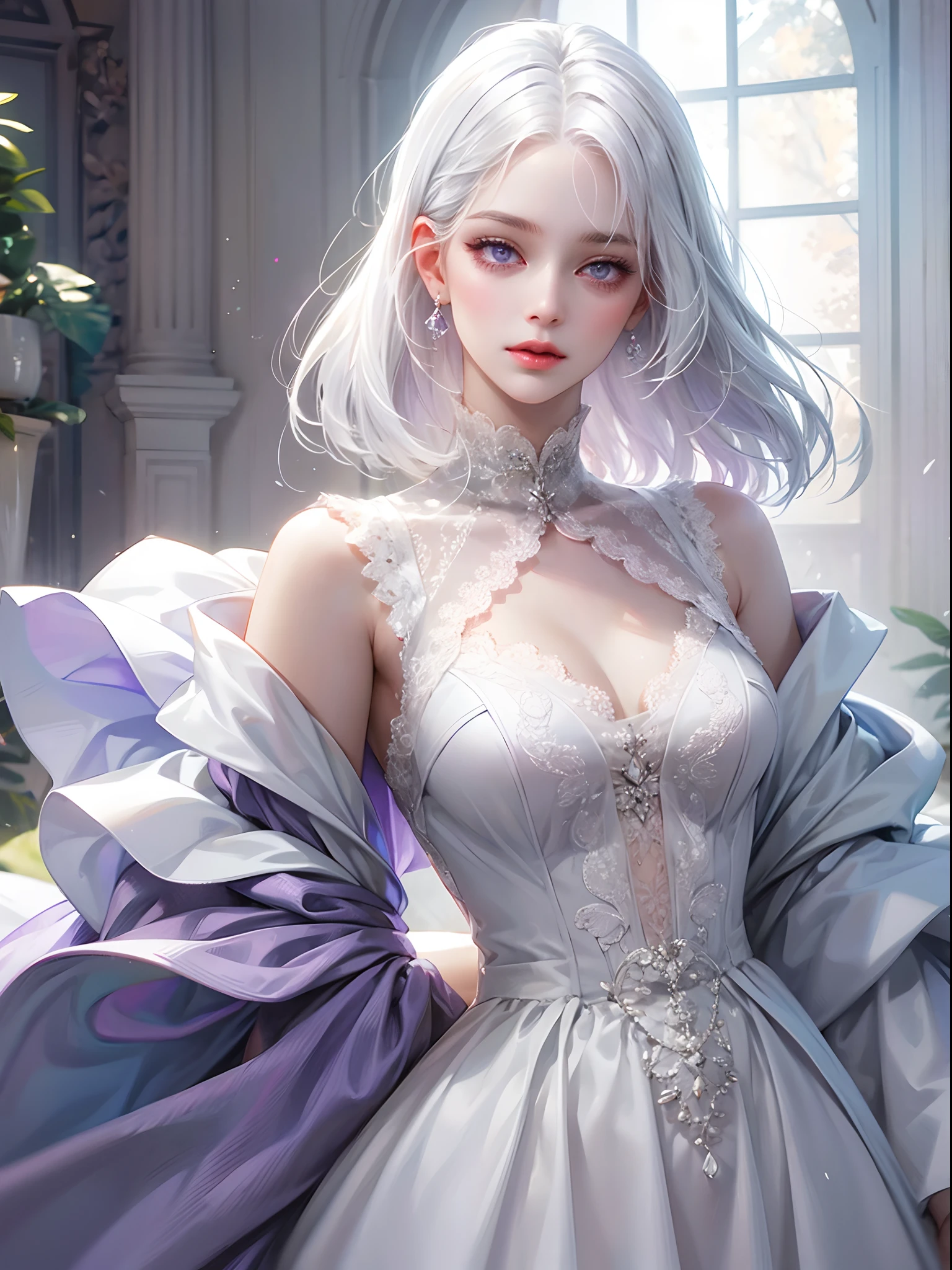 a women, white hair, purple eyes, white dress