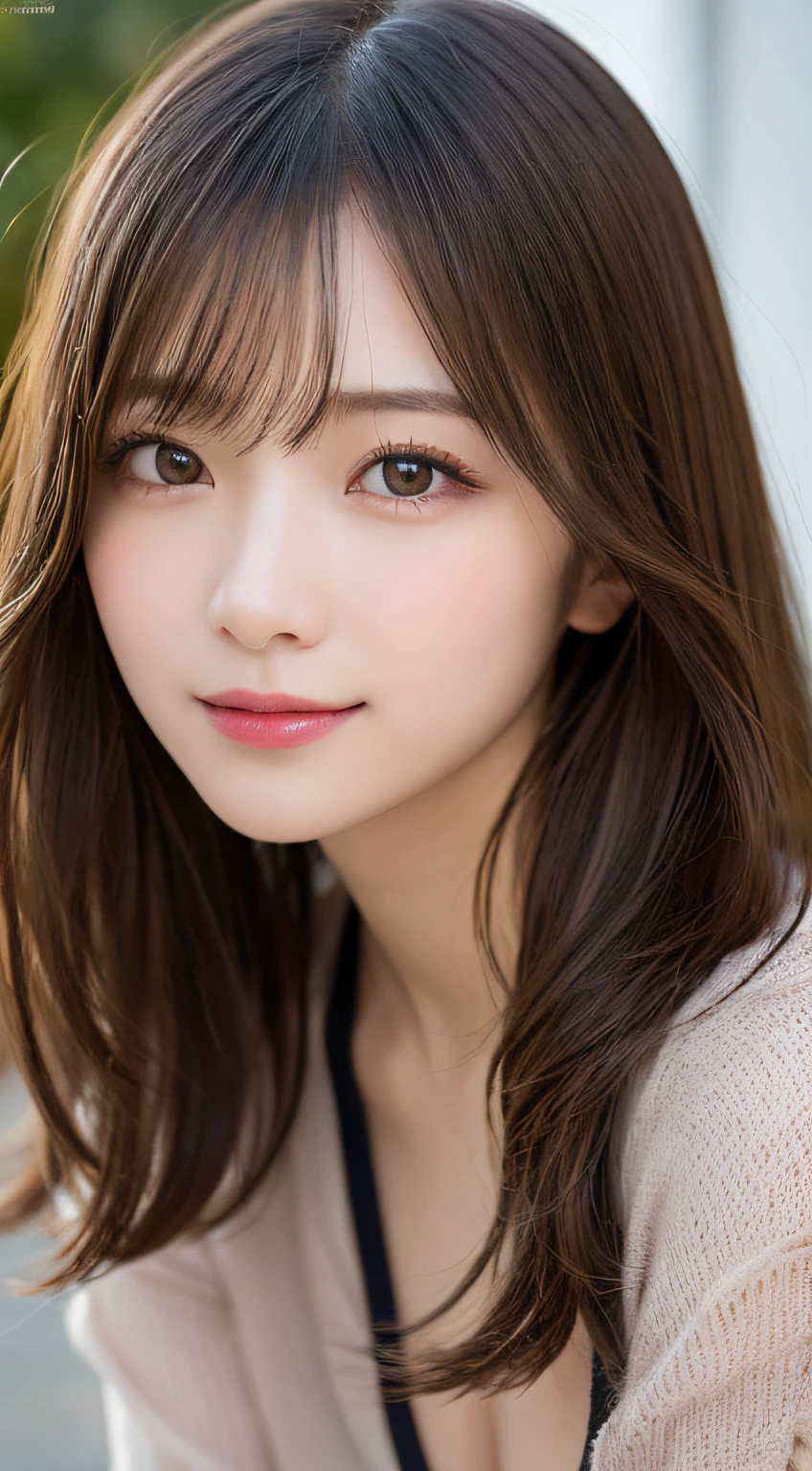 finely detail, hight resolution, hightquality、Perfect dynamic composition, Beautiful detailed eyes, Medium Hair, small tits、Natural Color Lip,Kamimei、Shibuya、20 years girl、1 persons、Transparent skin、Glowing hair、a smile、masutepiece, Best Quality, Illustration, Ultra-detailed, finely detail, hight resolution, 8K、The correct state of the human body、crouching down、Gravure Model Pose,Hair soaring in the wind