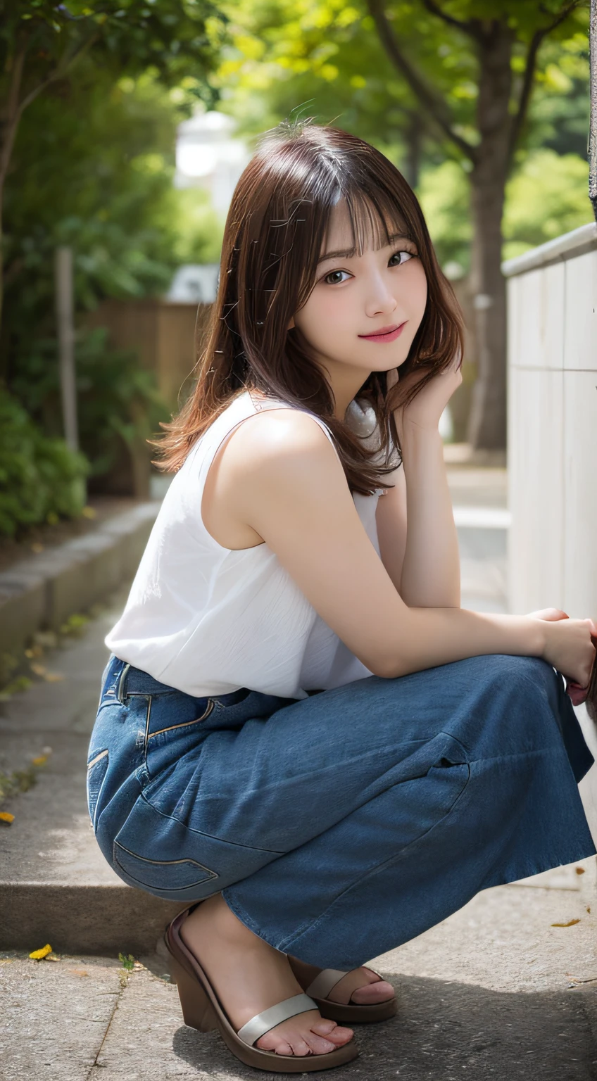 finely detail, hight resolution, hightquality、Perfect dynamic composition, Beautiful detailed eyes, Medium Hair, small tits、Natural Color Lip,Kamimei、Shibuya、20 years girl、1 persons、Transparent skin、Glowing hair、A smile、masutepiece, Best Quality, Illustration, Ultra-detailed, finely detail, hight resolution, 8K、The correct state of the human body、crouching down、Gravure Model Pose,Hair soaring in the wind