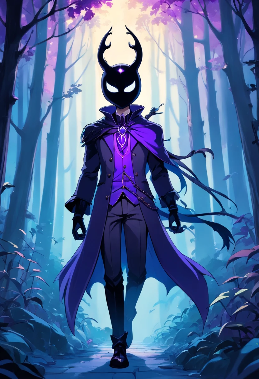 Male character in 2D hollow knight style game, black color hair，Purple accents, Bright purple eyes, with fair skin，There are traces of shadows, Cables made of dark energy, Wear a costume that mixes elements of hunting and shadow magic, Dark gloves and leather boots . Full-body image，with a pure white background，minimalistic background
