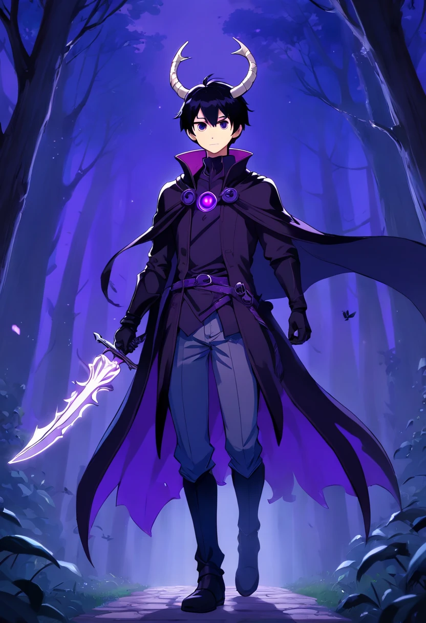 Male character in 2D hollow knight style game, black color hair，Purple accents, Bright purple eyes, with fair skin，There are traces of shadows, Cables made of dark energy, Wear a costume that mixes elements of hunting and shadow magic, Dark gloves and leather boots . Full-body image，with a pure white background，minimalistic background