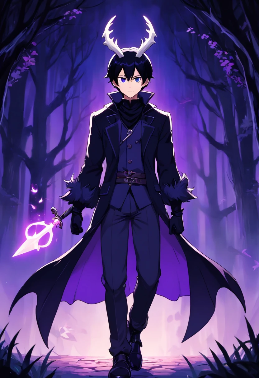 Male character in 2D hollow knight style game, black color hair,Purple accents, Bright purple eyes, with fair skin,There are traces of shadows, Cables made of dark energy, Wear a costume that mixes elements of hunting and shadow magic, Dark gloves and leather boots . Full-body image,with a pure white background,minimalistic background