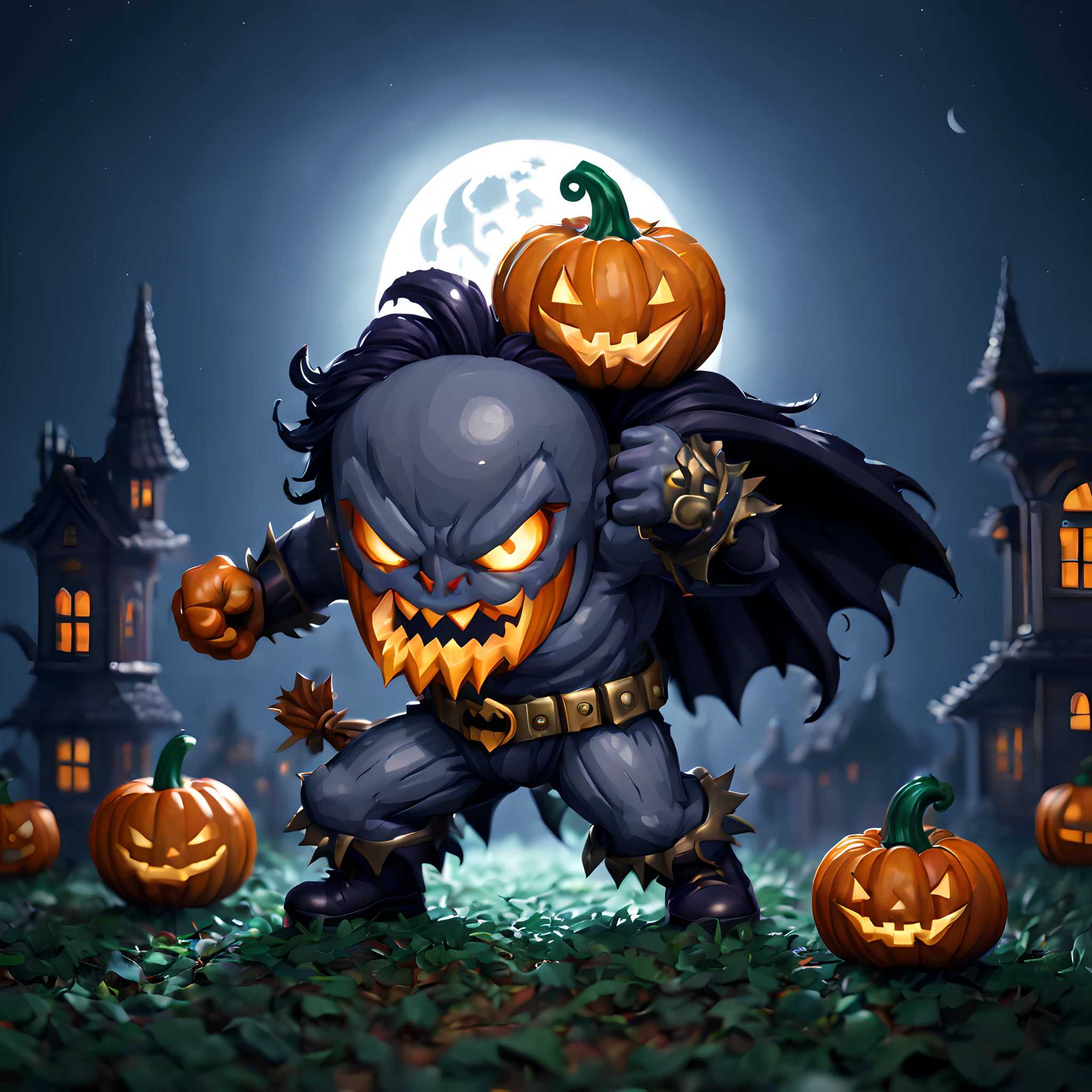 (Pixel art:1.5), (batman:1.5), (Gotham city:1.5), (Halloween:1.5), (fighting pumpkin monster:1.5), (moonlight:1.5), cute, pixel art, chibi emote, chibi character, 2D, (pumpkin monster:1.5),