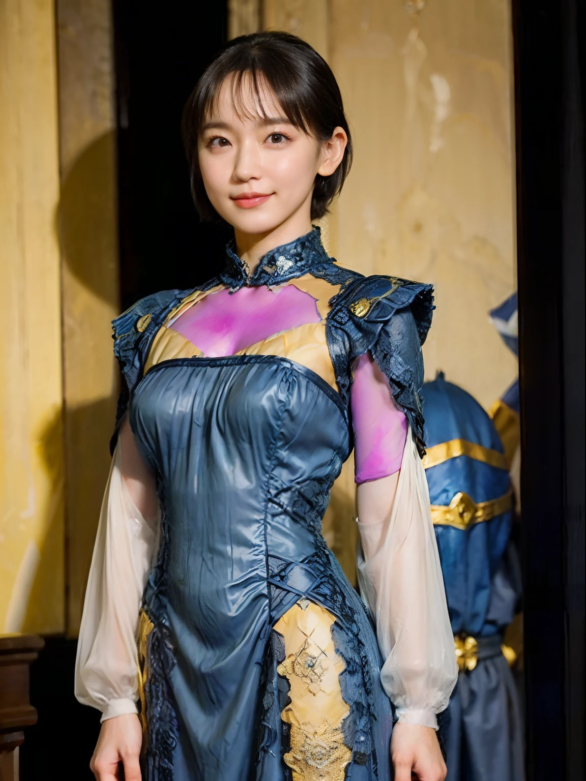 77
(20-year-old princess,is standing), (A hyper-realistic), (Masterpiece), ((short-hair:1.46)), (Smooth black hair), (breast:1.0), (kindly smile:0.9), (Luxurious dress in blue and yellow:1.46), Majestic palace, orange lipstick