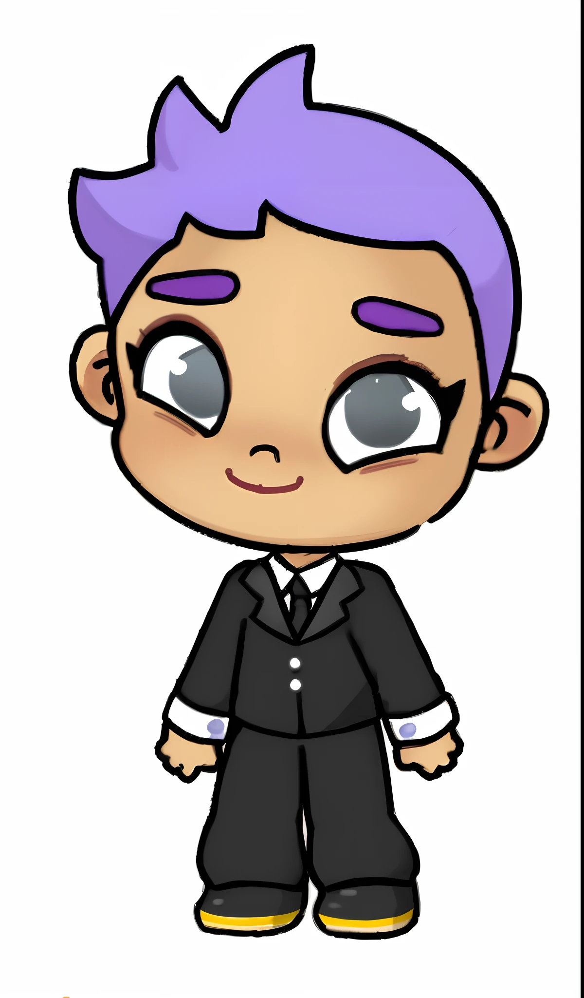 um menino dos desenhos animados em um terno e gravata com cabelo roxo, Chibi, he is wearing a suit, um elfo em um terno, menina no terno, menina em um terno, vestido com um terno, advanced digital chibi art, fanart oficial, usando terno e gravata, em seu terno, retrato de corpo inteiro de um curto!, de terno, em um terno estrito