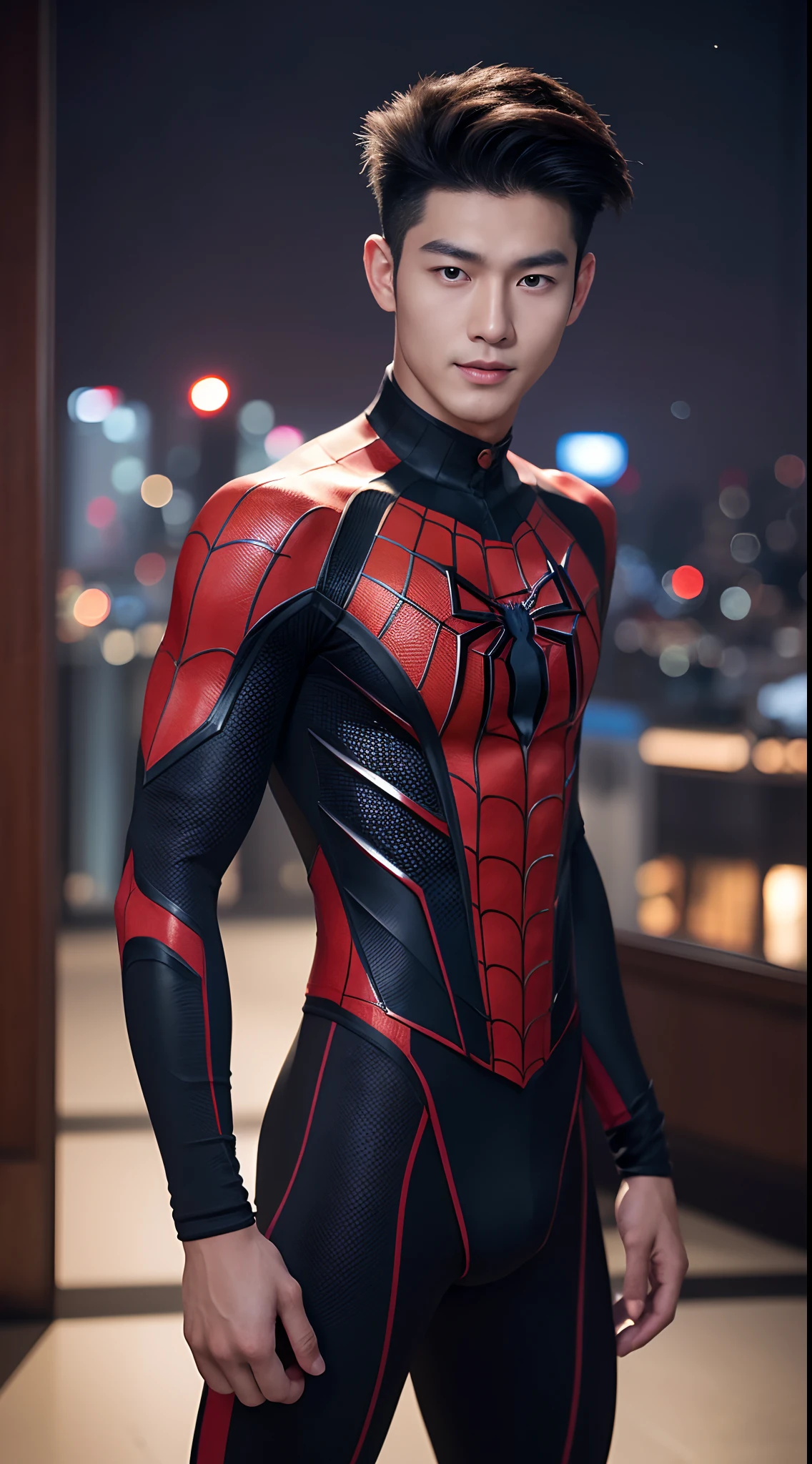 Young Korean boy in a detailed Spider-Man costume., Red and black color scheme :: Highly detailed, แมงมุมที่มีHighly detailed, ดวงตาที่มีHighly detailed, นิ้วที่มีHighly detailed, Take the whole body, Quiv haircut, dynamic poses, Look at the camera, Detailed parts of the face, Manly, nighttime, city scenery, city lights, Detailed city roof background, Monk sex, perfect anatomy, Symmetrical body, Asia, 19 years old, realistic, human skin, short hairstyle, handsome chad chin, handsome, sit, open legs, charming, Be a man, sexually charming, human skin, (Make eye contact), charming, Big hip pants, very good, depth of field, perfect composition, in the middle