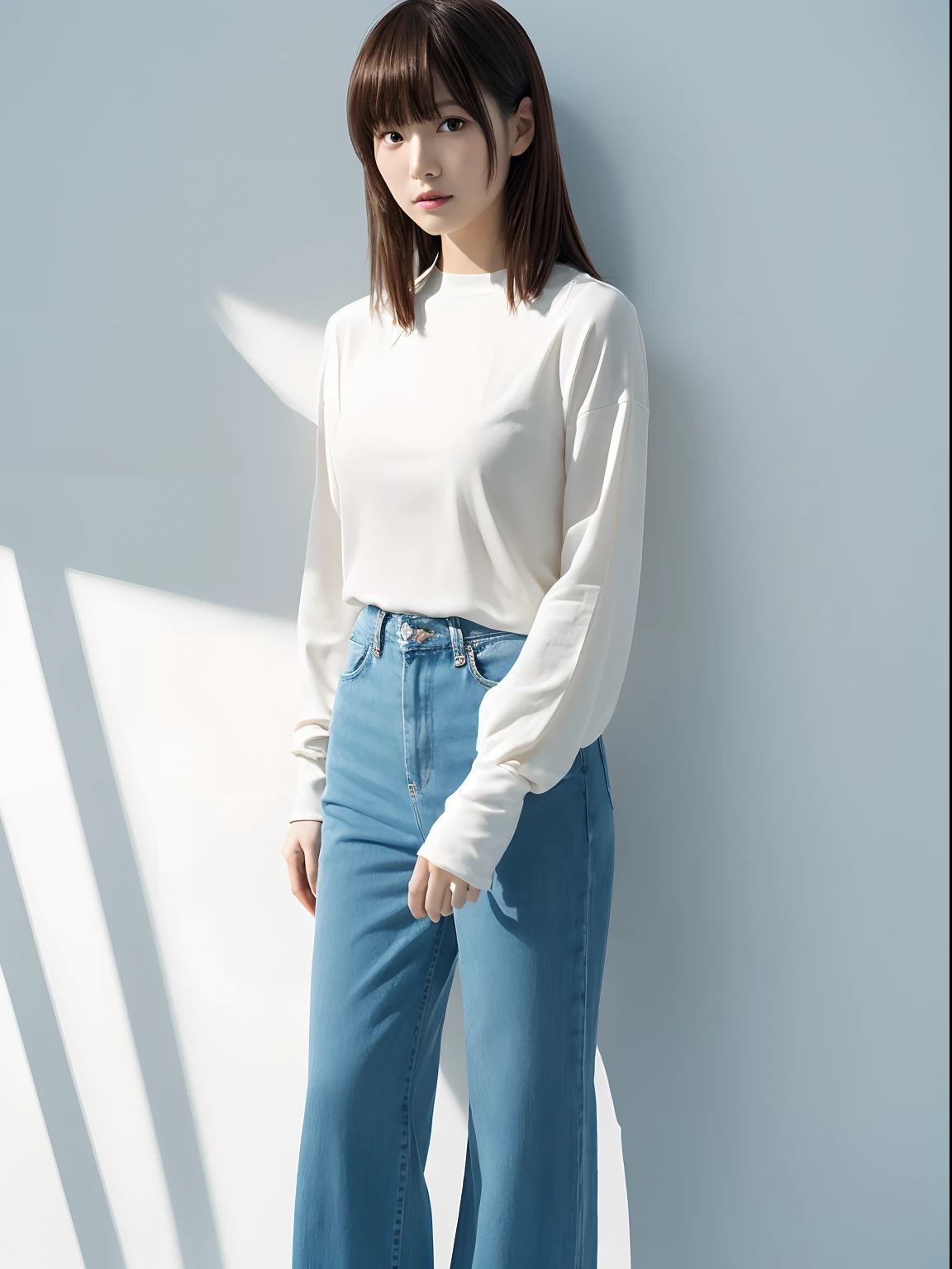 ((​masterpiece,top-quality)), (photographrealistic:1.4),((masutepiece,8K)),hight resolution, Japanese, 1 beautiful woman, Medium Hair, faint thin bangs, Age 32 years old, Detailed skin, long-sleeve, T-shirt, wide-leg pants, Standing, White background, White Room,white walls, fully body photo