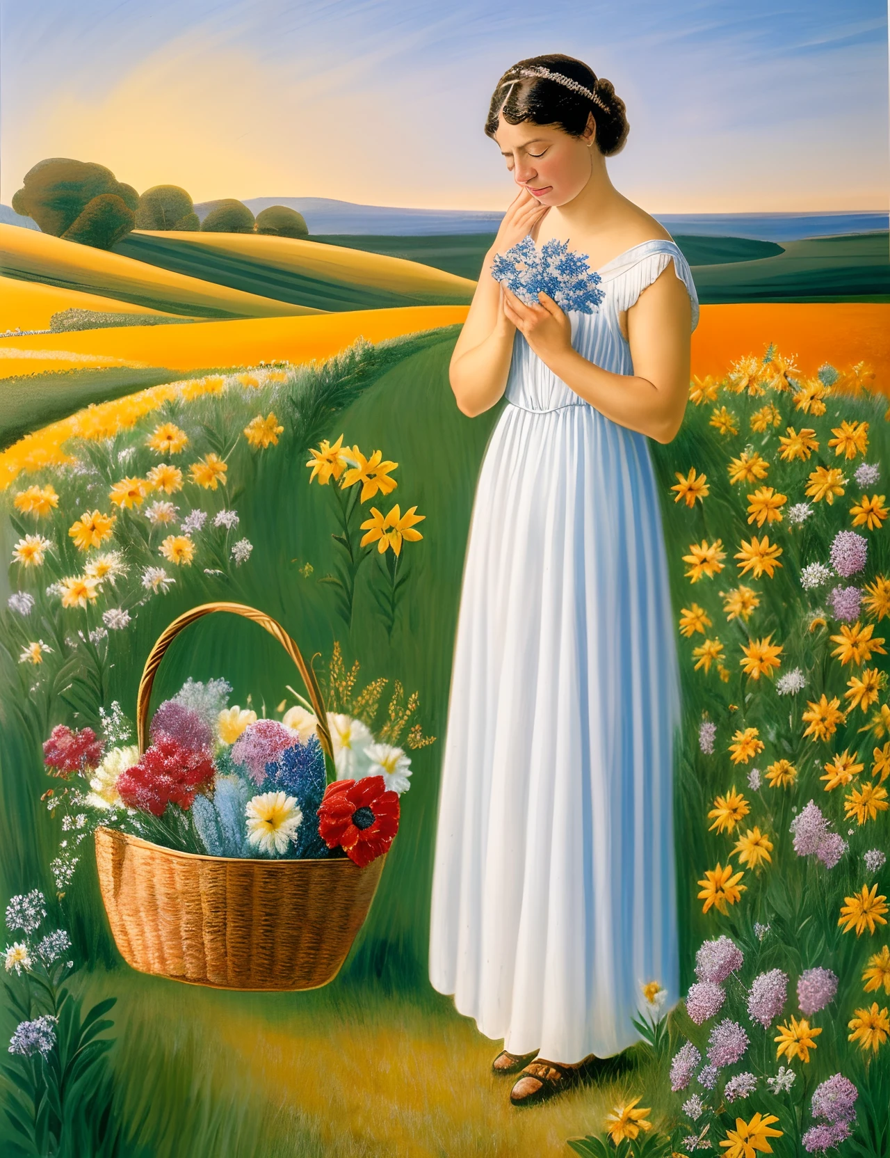 Deianeira, the wife of Hercules, is standing in a meadow, holding a basket of flowers. She is crying because she has just learned that Hercules has died. She is heartbroken and devastated. She loved Hercules deeply, and she cannot imagine her life without him.