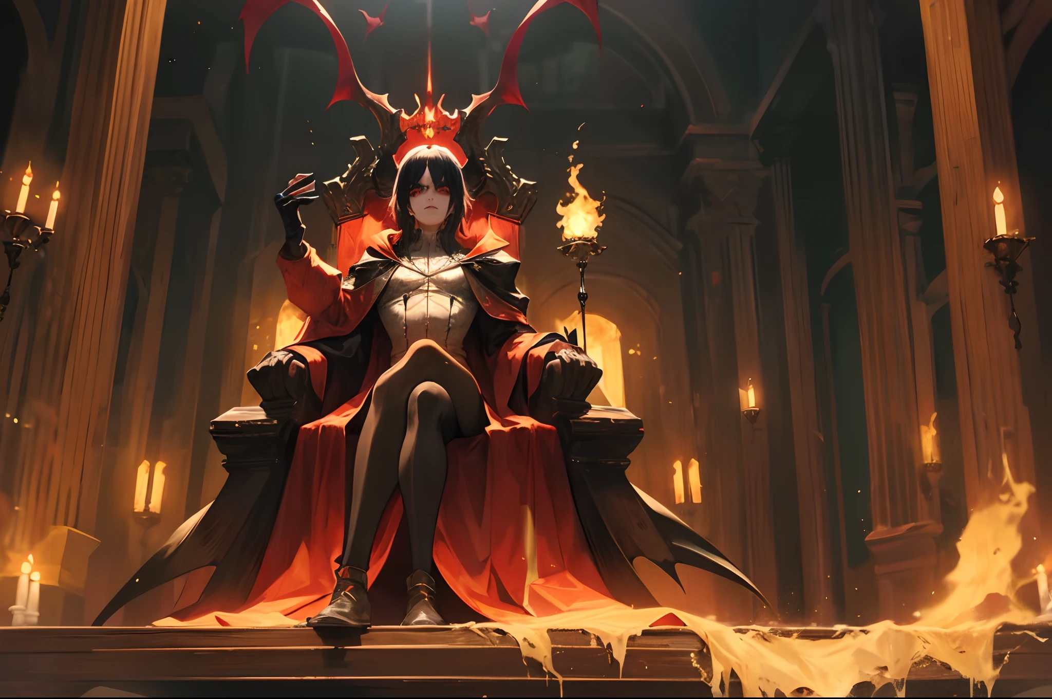 In a dimly lit chamber, a dark cool demon sits upon a grand throne. The demon's presence exudes an aura of mystery and power,