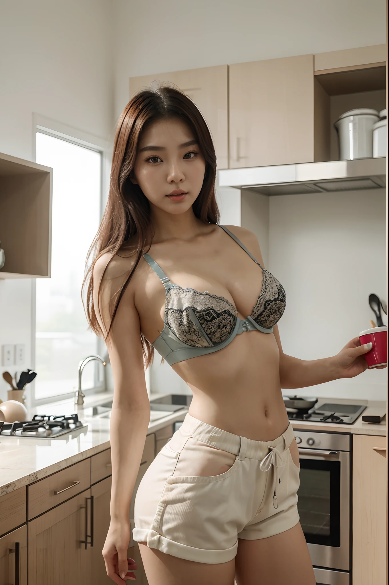 a close up of a woman in a kitchen holding a cup, korean girl, gorgeous young korean woman, beautiful south korean woman, korean woman, beautiful young korean woman, korean women's fashion model, skinny waist and thick hips, photo of slim girl model, attractive pose, bra and shorts streetwear, jaeyeon nam, beautiful asian girl, in the kitchen