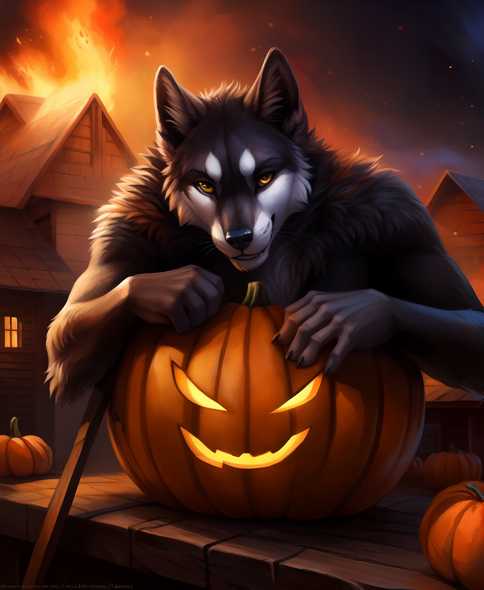 wide shot, (solo:1.2), evil pumpkin face, [a muscular man:werewolf sillhouette] (holding:1.1) pumpkin, messy fur, grin, crazy, halloween, wildfire in the night, (burning house:1.1) slate atmosphere, cinematic, dimmed colors, dark shot, muted colors, film grainy, lut, spooky,, best quality, shaded, extreme detail, highly detailed, ultradetailed, intricate, realistic, detailed background, hi res, realistic, photography \(artwork\), (by kenket), by ross tran, by michael & inessa garmash, by pino daeni, by isvoc, by kiguri, by alena aenami, by ruan jia, (by zenthetiger, by wolfy-nail), by Enki Bilal, by drmax, photorealism,