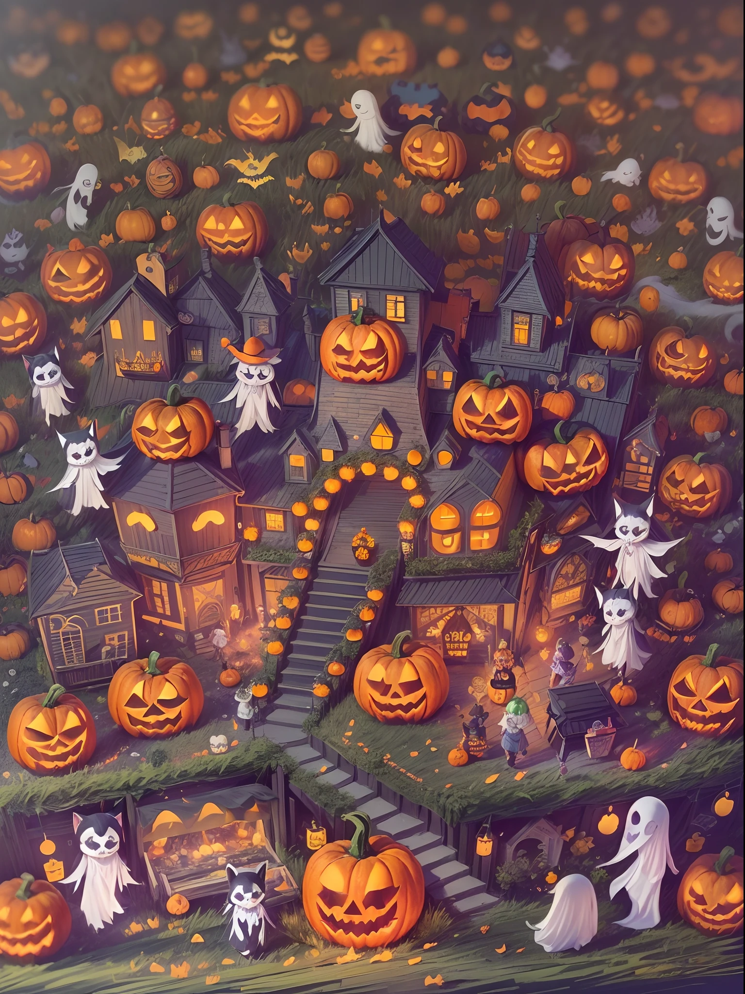 (tmasterpiece),（ultra - detailed：1.3），best qualtiy，（glittery:1.2），（Fantasy Halloween world:1.4），(Halloween in Van Gogh style: 1.5),（Remaining months），(((When you think of Halloween，What comes to your mind？Maybe black and orange ornaments，Scary ghosts and jack-o'-lanterns，And endless sweets。sada，Let's imagine a Halloween scene full of joyful atmosphere。 You walk into a big lawn，It's full of jack-o-lanterns，They emit a soft orange glow。You hear the laughter and cheers of the children，They wear a variety of Halloween costumes，From cute kittens to scary zombies，And so on。 In the center of the field，You see a big Halloween party，There are DJs playing live music，Get people to dance。Around the dance floor，There is a wide variety of desserts and snacks，From chocolate-covered apples to candy corn，The whole nine yards。 You step aside，A group of children were seen doing a Halloween handicraft activity，They carved a variety of patterns and symbols on their pumpkins，Like skulls and bat wings。around the table，There is also a wide variety of decorations and materials，Children are free to be creative。 When night falls，The whole venue is transformed into a place of mystery and wonder。Jack-o'-lanterns get brighter，Sweets and snacks have also become more delicious。You can even see some ghosts and ghosts roaming the lawn，But they are all very friendly，And play with the kids。 It's a Halloween scene with a cheerful atmosphere。It's full of creativity、Surprise and fun，It makes people feel the unique charm of Halloween。))), Fantasy world, Cute cartoon design style, the night，Skysky，Zangetsu，vibrant with colors，brightly，1.4x realism，hyper HD，It is displayed in this beautiful scene，（The is very detailed，reasonable design，Clear lines，High- sharpness，tmasterpiece，offcial art，movie light effect，8K）, DruidMagicAI, M0nstrcrz