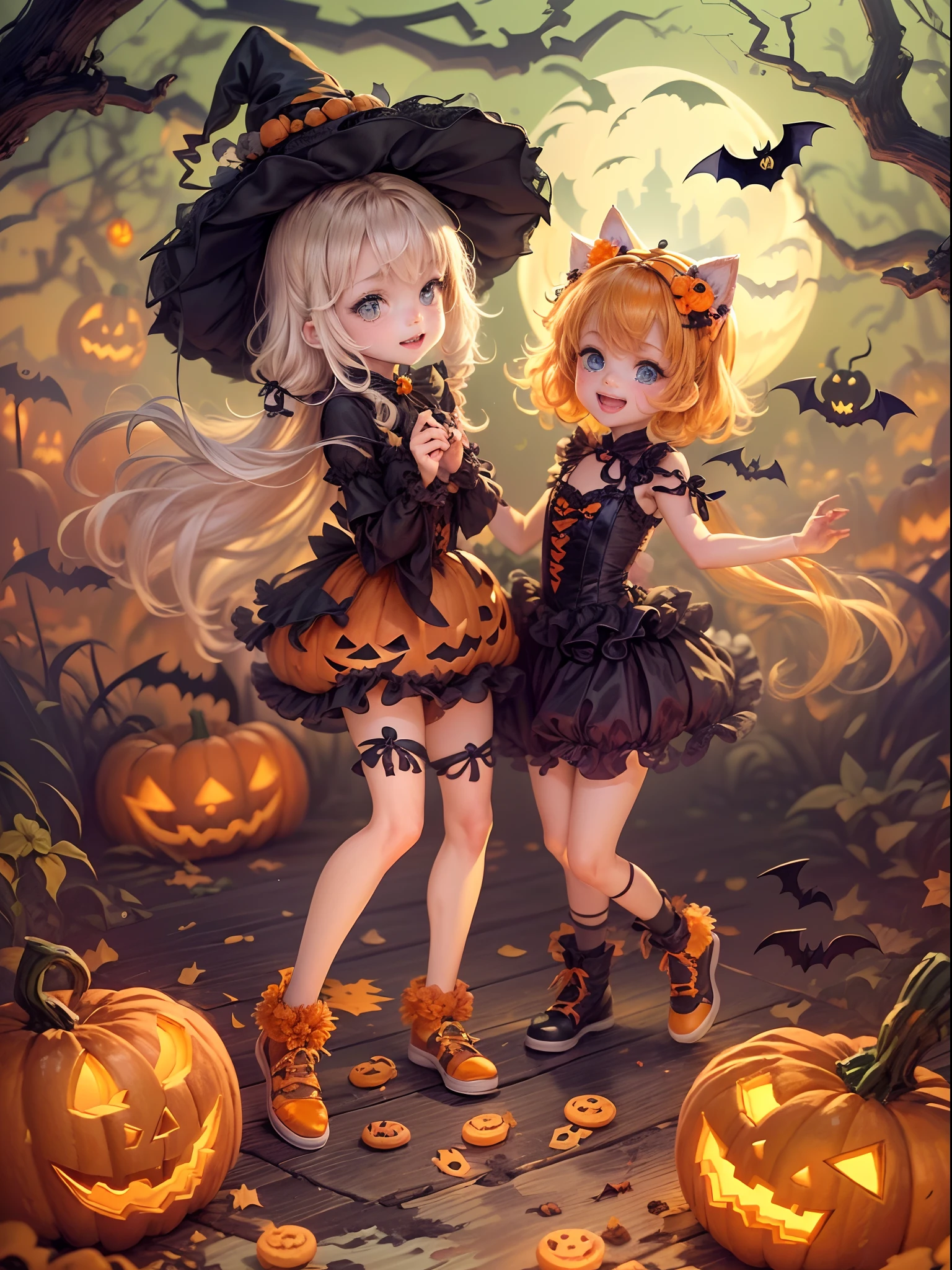 (tmasterpiece),（ultra - detailed：1.3），best qualtiy，（glittery:1.2），（Fantasy Halloween world:1.4），(Halloween in Van Gogh style: 1.5),（Remaining months），(((When you think of Halloween，What comes to your mind？Maybe black and orange ornaments，Scary ghosts and jack-o'-lanterns，And endless sweets。sada，Let's imagine a Halloween scene full of joyful atmosphere。 You walk into a big lawn，It's full of jack-o-lanterns，They emit a soft orange glow。You hear the laughter and cheers of the children，They wear a variety of Halloween costumes，From cute kittens to scary zombies，And so on。 In the center of the field，You see a big Halloween party，There are DJs playing live music，Get people to dance。Around the dance floor，There is a wide variety of desserts and snacks，From chocolate-covered apples to candy corn，The whole nine yards。 You step aside，A group of children were seen doing a Halloween handicraft activity，They carved a variety of patterns and symbols on their pumpkins，Like skulls and bat wings。around the table，There is also a wide variety of decorations and materials，Children are free to be creative。 When night falls，The whole venue is transformed into a place of mystery and wonder。Jack-o'-lanterns get brighter，Sweets and snacks have also become more delicious。You can even see some ghosts and ghosts roaming the lawn，But they are all very friendly，And play with the kids。 It's a Halloween scene with a cheerful atmosphere。It's full of creativity、Surprise and fun，It makes people feel the unique charm of Halloween。))), Fantasy world, Cute cartoon design style, the night，Skysky，Zangetsu，vibrant with colors，brightly，1.4x realism，hyper HD，It is displayed in this beautiful scene，（The is very detailed，reasonable design，Clear lines，High- sharpness，tmasterpiece，offcial art，movie light effect，8K）, DruidMagicAI, M0nstrcrz