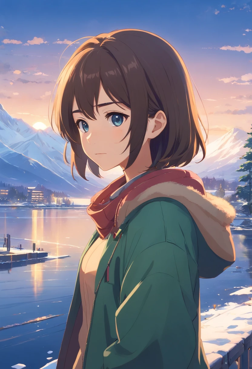 18-year-old girl,Bust photo, lakeside, there are snow-capped mountains in the distance,