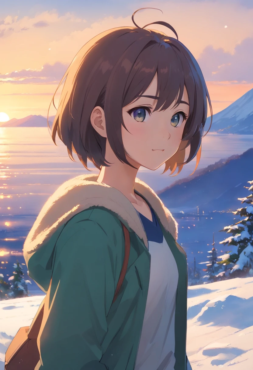 18-year-old girl,Bust photo, lakeside, there are snow-capped mountains in the distance,
