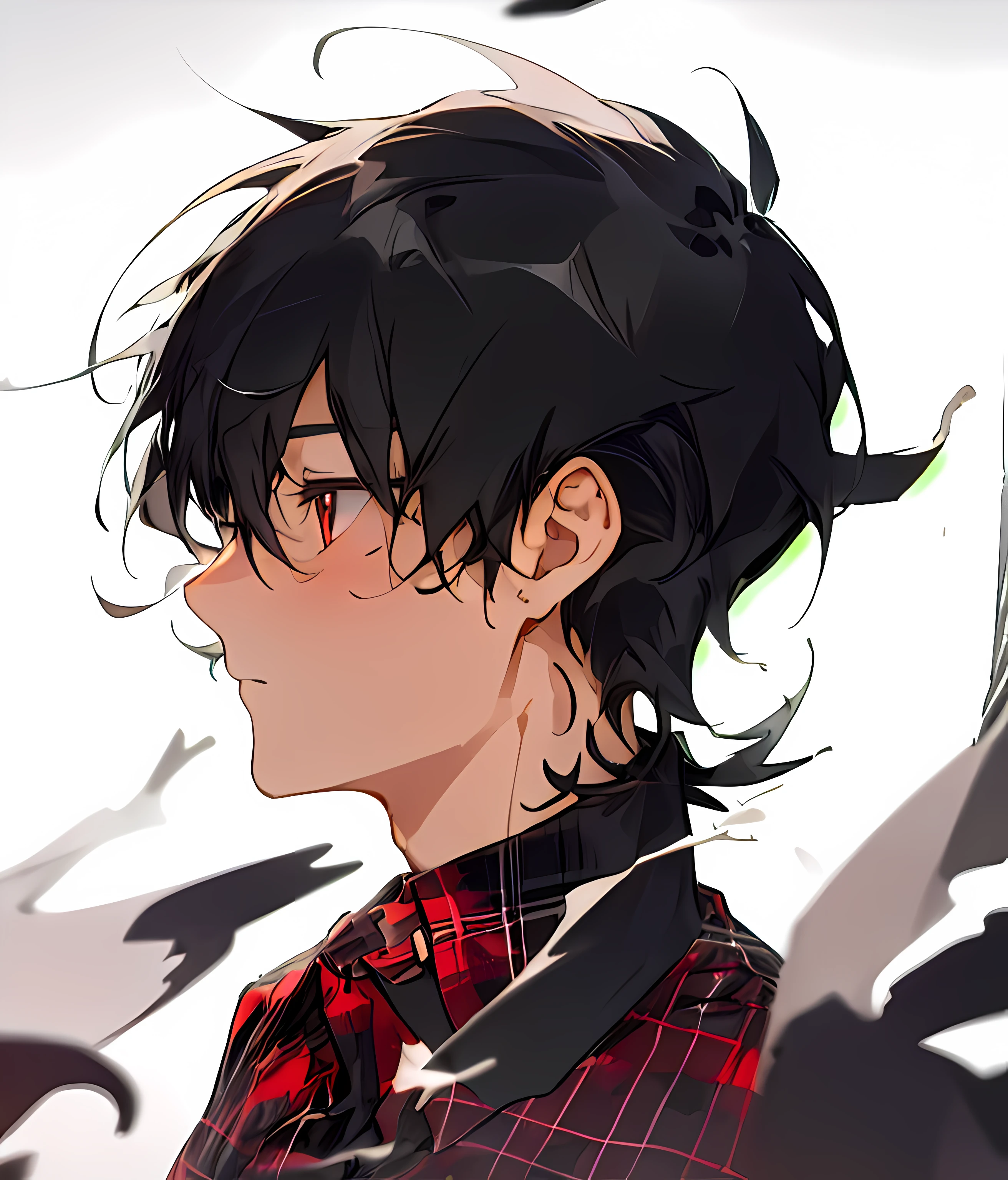1boy, black hair, red flannel shirt, side profile, white background