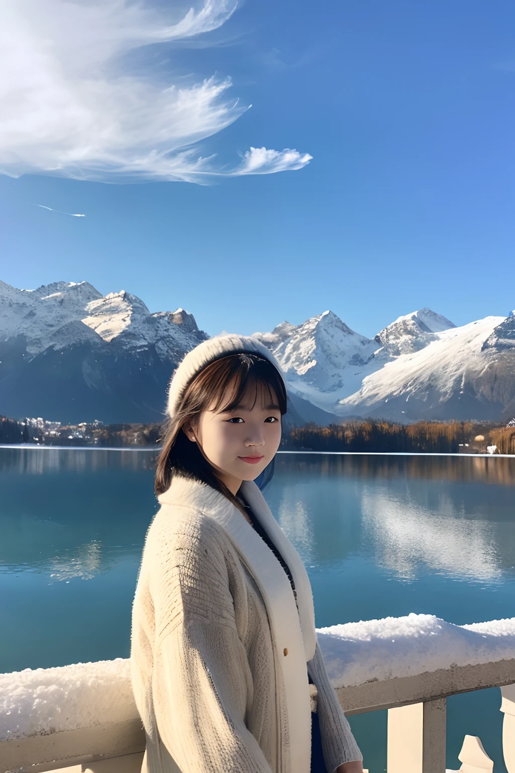 18-year-old girl,Bust photo, lakeside, there are snow-capped mountains in the distance,