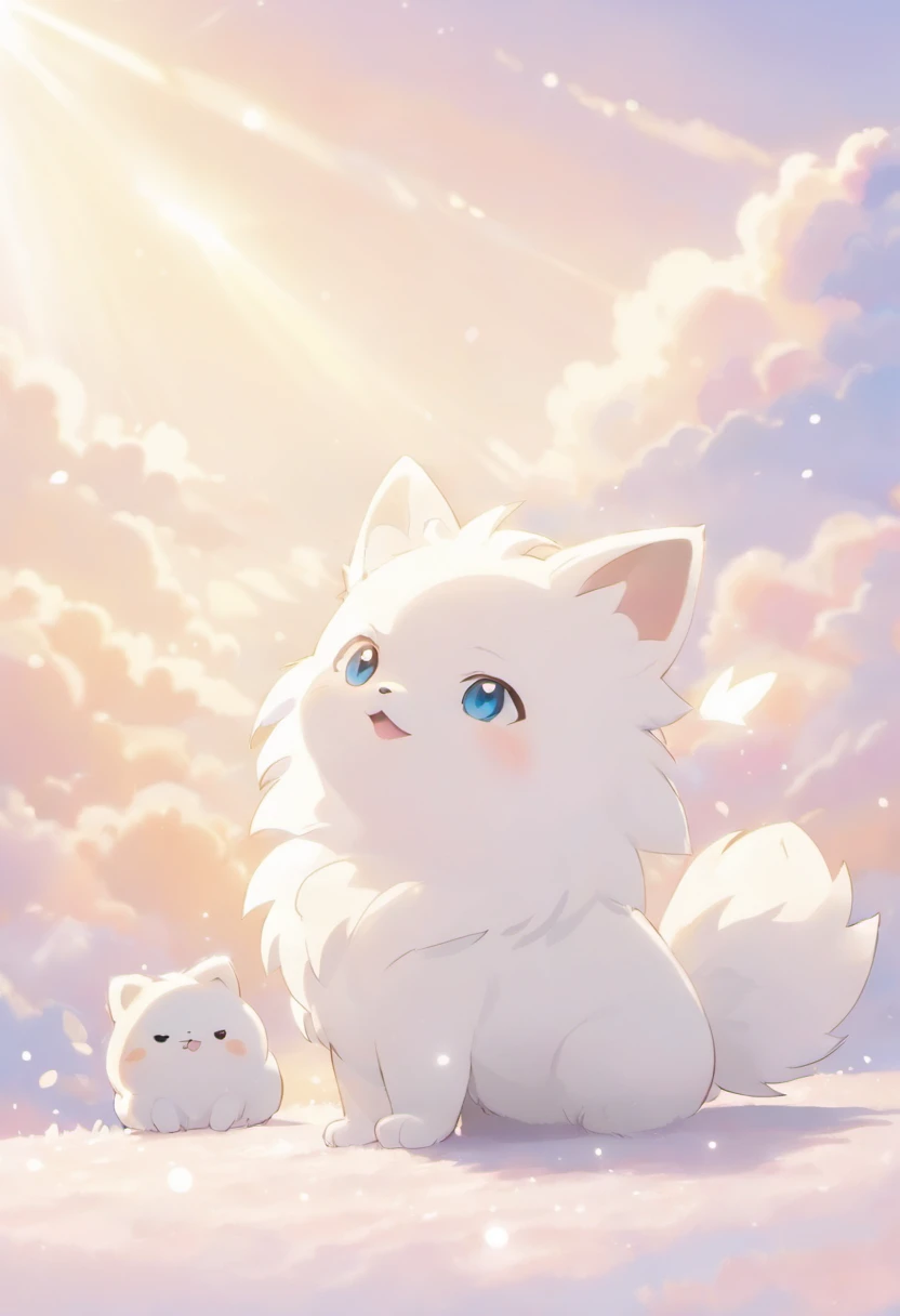 A touching scene that introduces the white spitz in ultra-high-definition 3D.  White Spitz, Beautifully rendered down to the smallest detail. The overall atmosphere is soft, Full of hope and tranquility. White background,