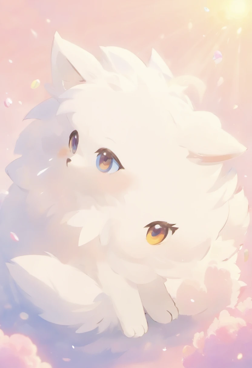 A touching scene that introduces the white spitz in ultra-high-definition 3D. White Spitz, Beautifully rendered down to the smallest detail. The overall atmosphere is soft, Full of hope and tranquility. White background,