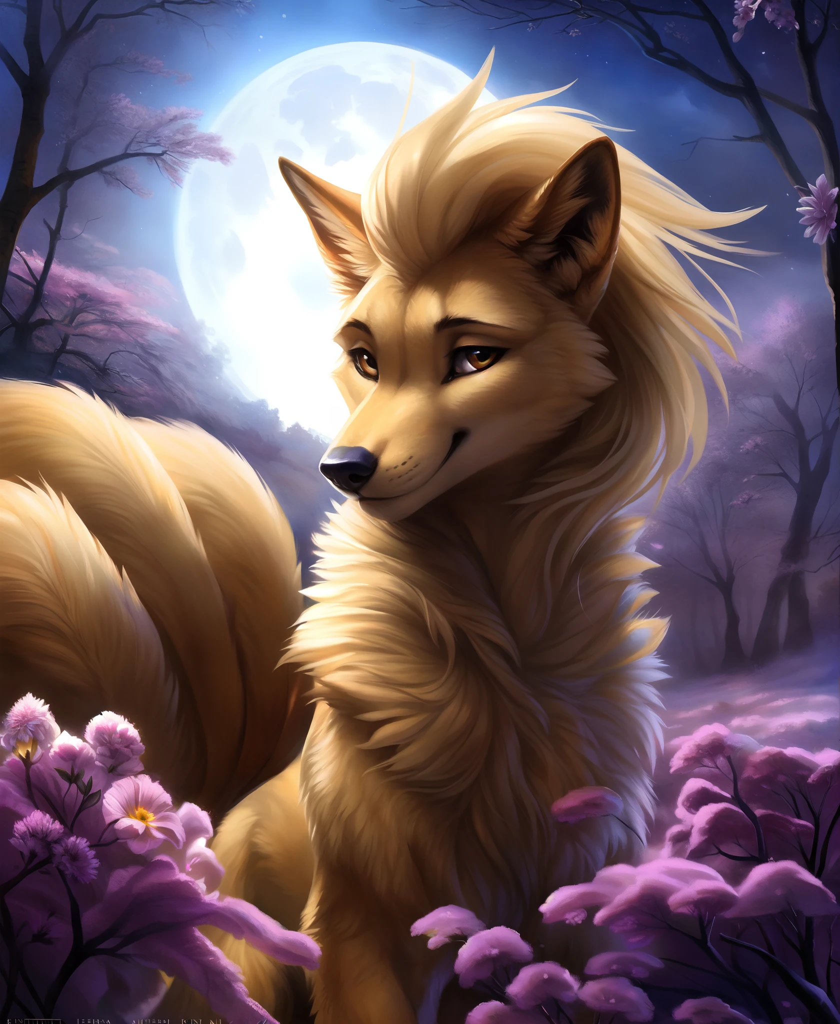 ((solo)) (feral, ninetales), female, looking at viewer, cherry blossom, night, fog, flower, multi tail, full moon,, best quality, shaded, extreme detail, highly detailed, ultradetailed, intricate, realistic, detailed background, hi res, realistic, photography \(artwork\), (by kenket), by ross tran, by michael & inessa garmash, by pino daeni, by isvoc, by kiguri, by alena aenami, by ruan jia, (by zenthetiger, by wolfy-nail), by Enki Bilal, by drmax, photorealism,